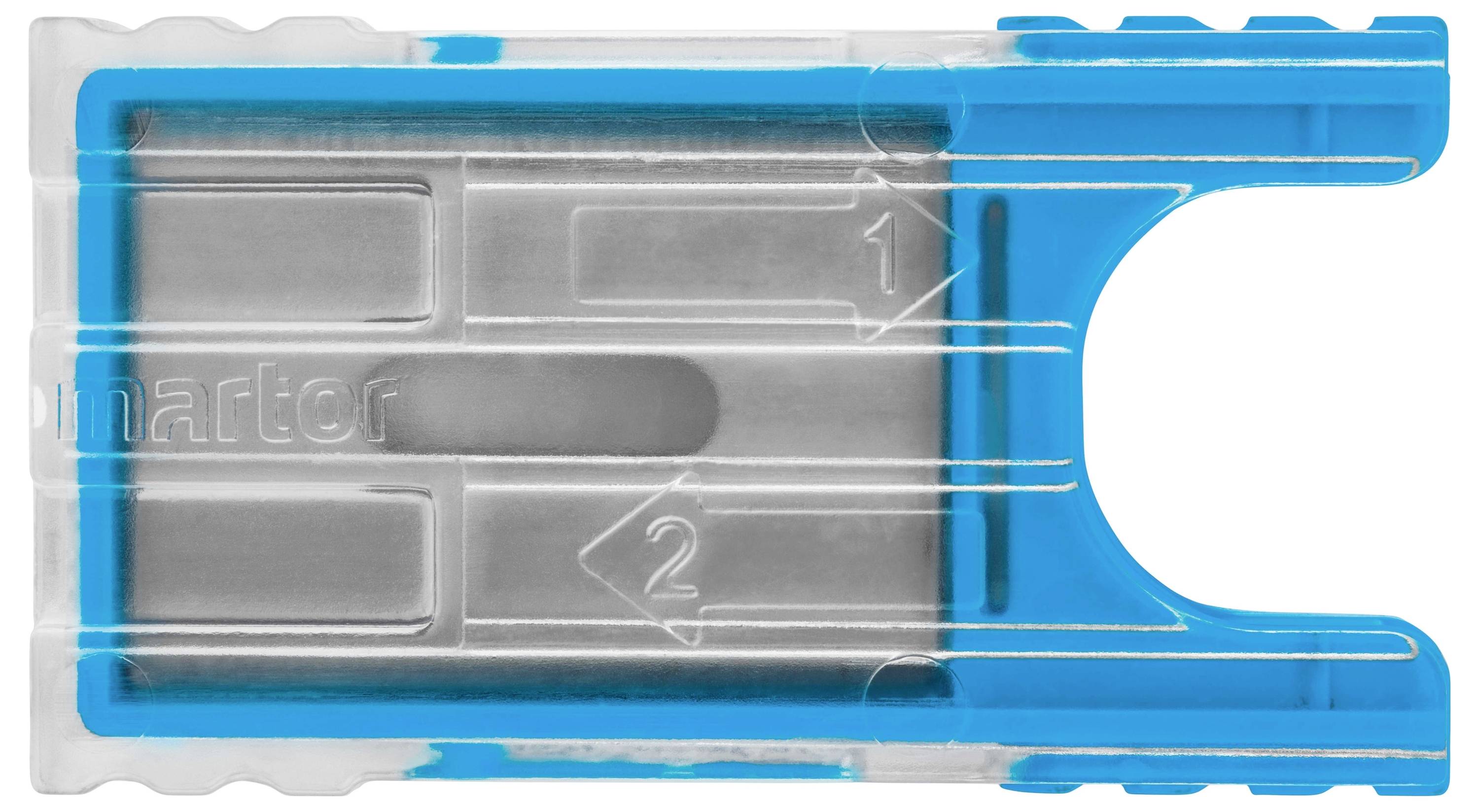 Osłona ostrza z niebieskim plastikowym brzegiem i przezroczystą obudową; zawiera ostrze do maszynki do golenia.