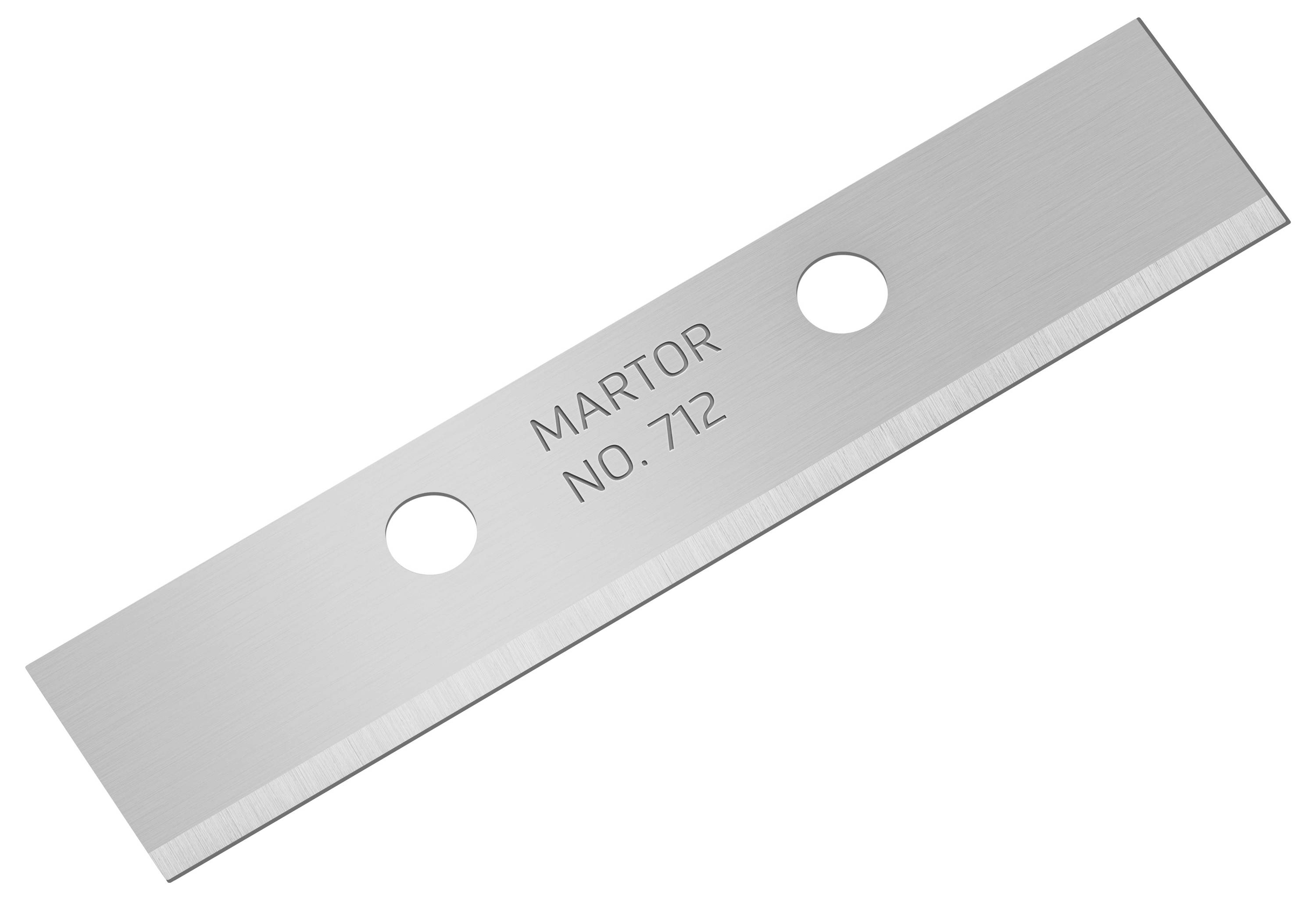 Prostokątny metalowy wymienny nóż z dwoma otworami z napisem 'MARTOR NO. 712'.