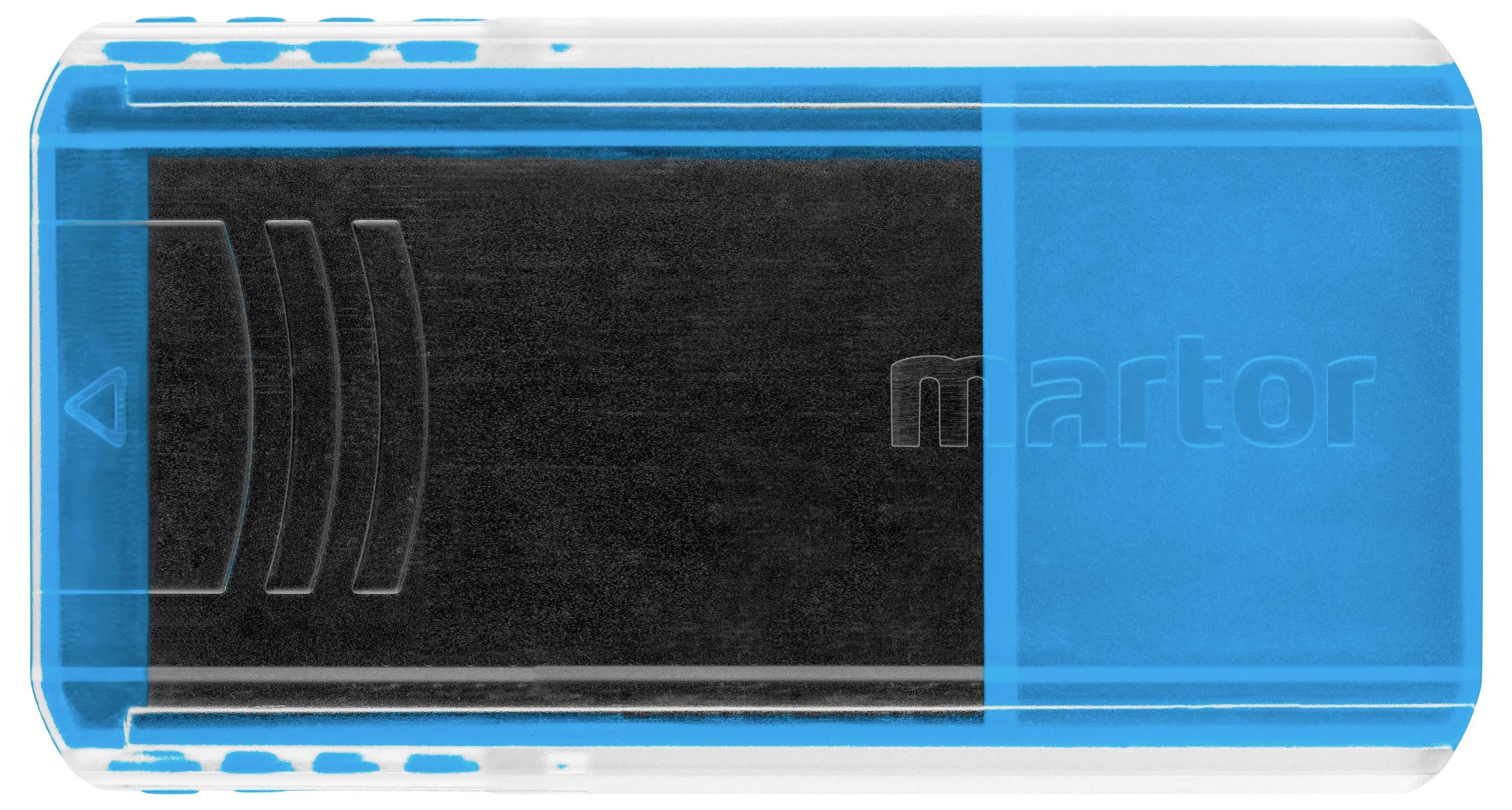 Niebieski, prostokątny otwieracz kartonów z czarną, antypoślizgową powierzchnią i przezroczystą osłoną. Odpowiedni do bezpiecznego cięcia.