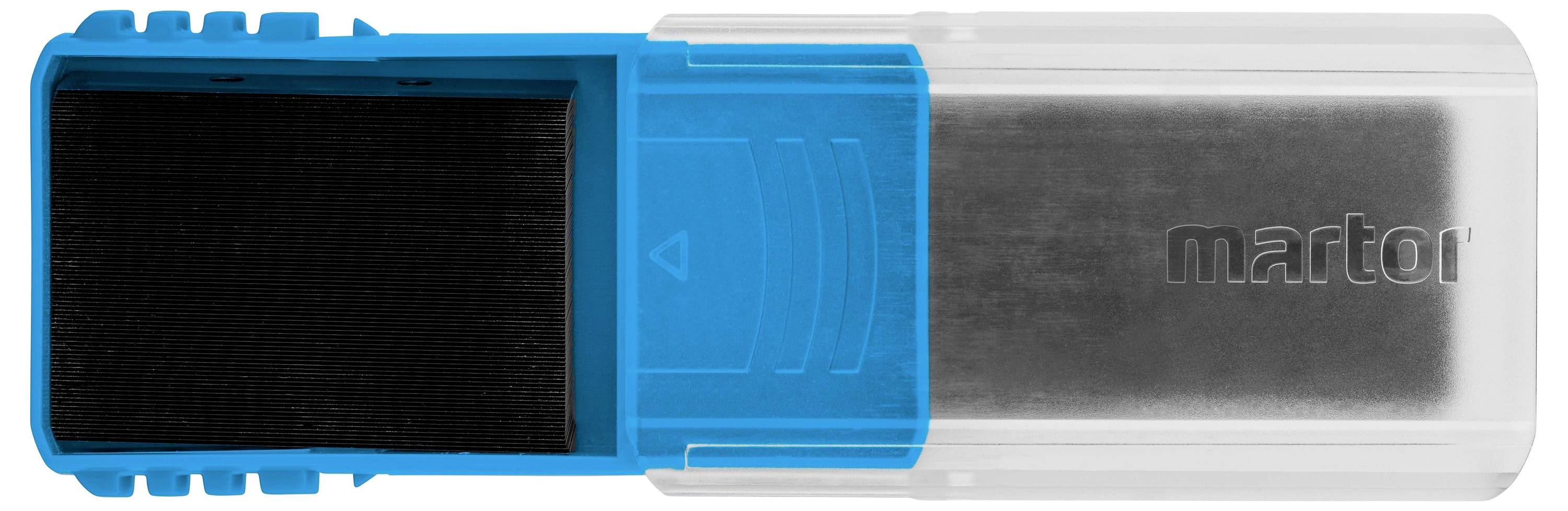 Prostokątny nóż do cięcia w niebieskiej obudowie z tworzywa sztucznego i czarnym ostrzem, częściowo zakryty przezroczystą osłoną ochronną.