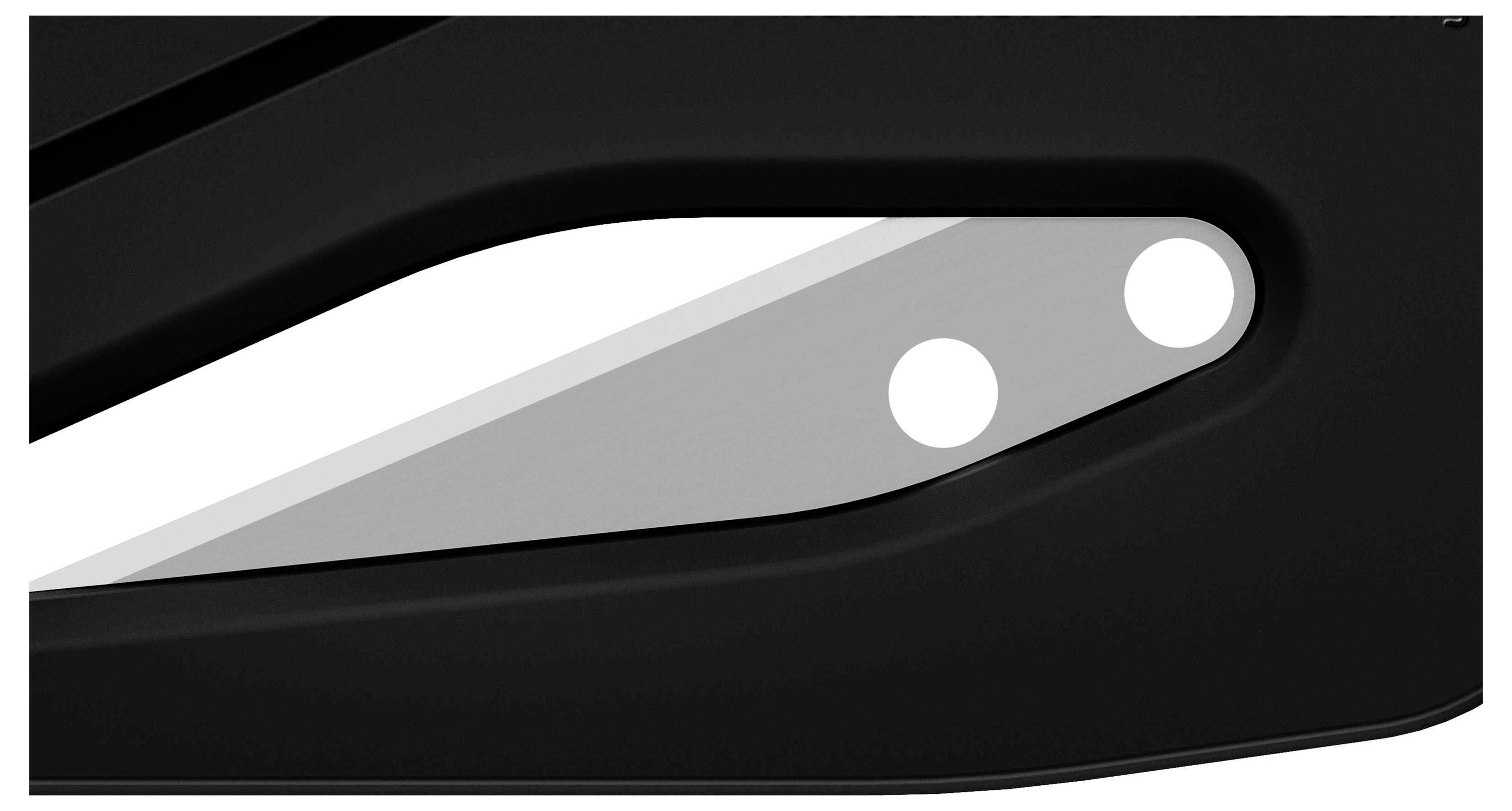 Czarna i srebrna forma geometryczna z zaokrąglonymi krawędziami i dwoma białymi punktami po prawej stronie.