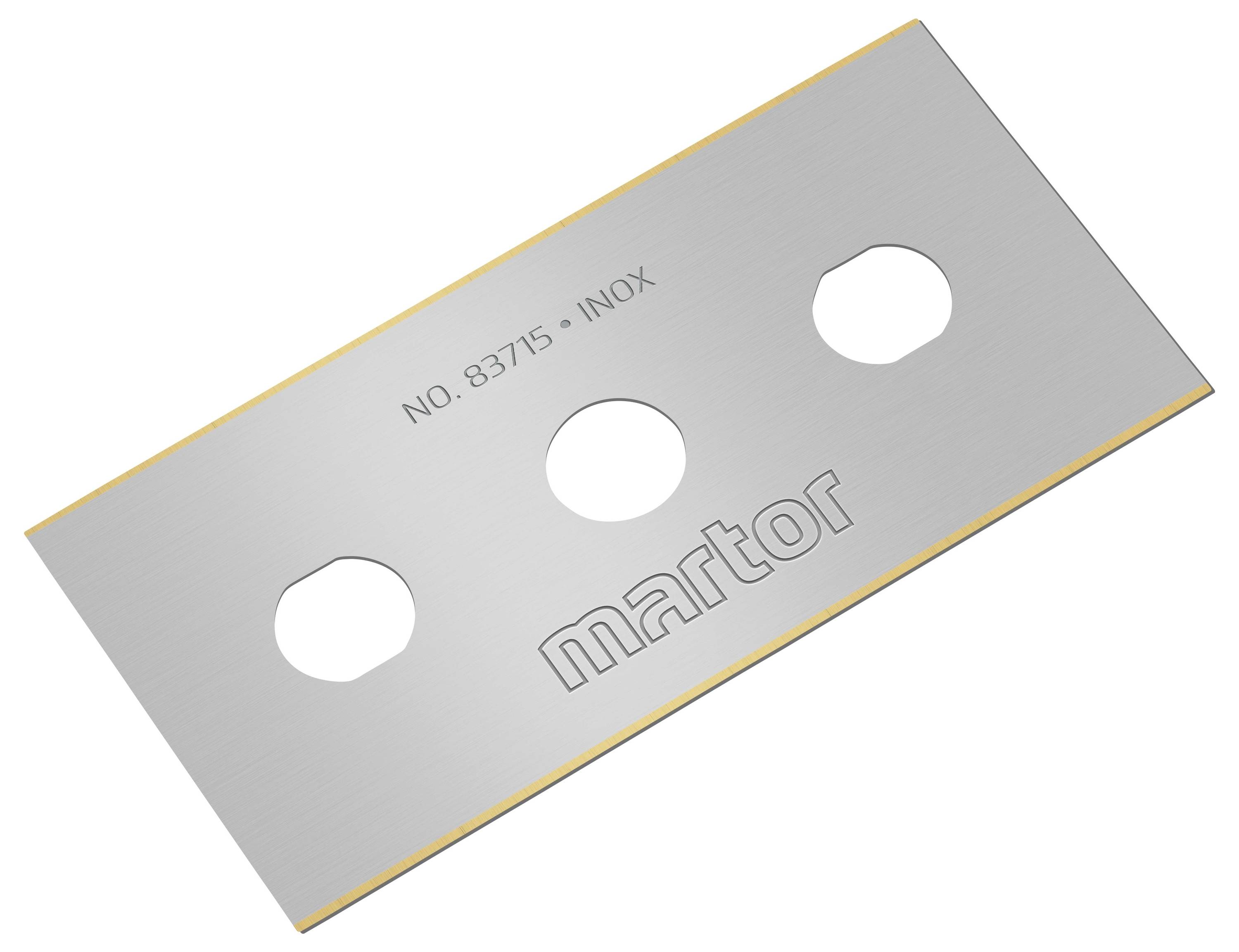 Srebrna, prostokątna stalowa ostrze z napisem 'NO. 83715 INOX' oraz 'martor', posiada trzy owalne otwory.