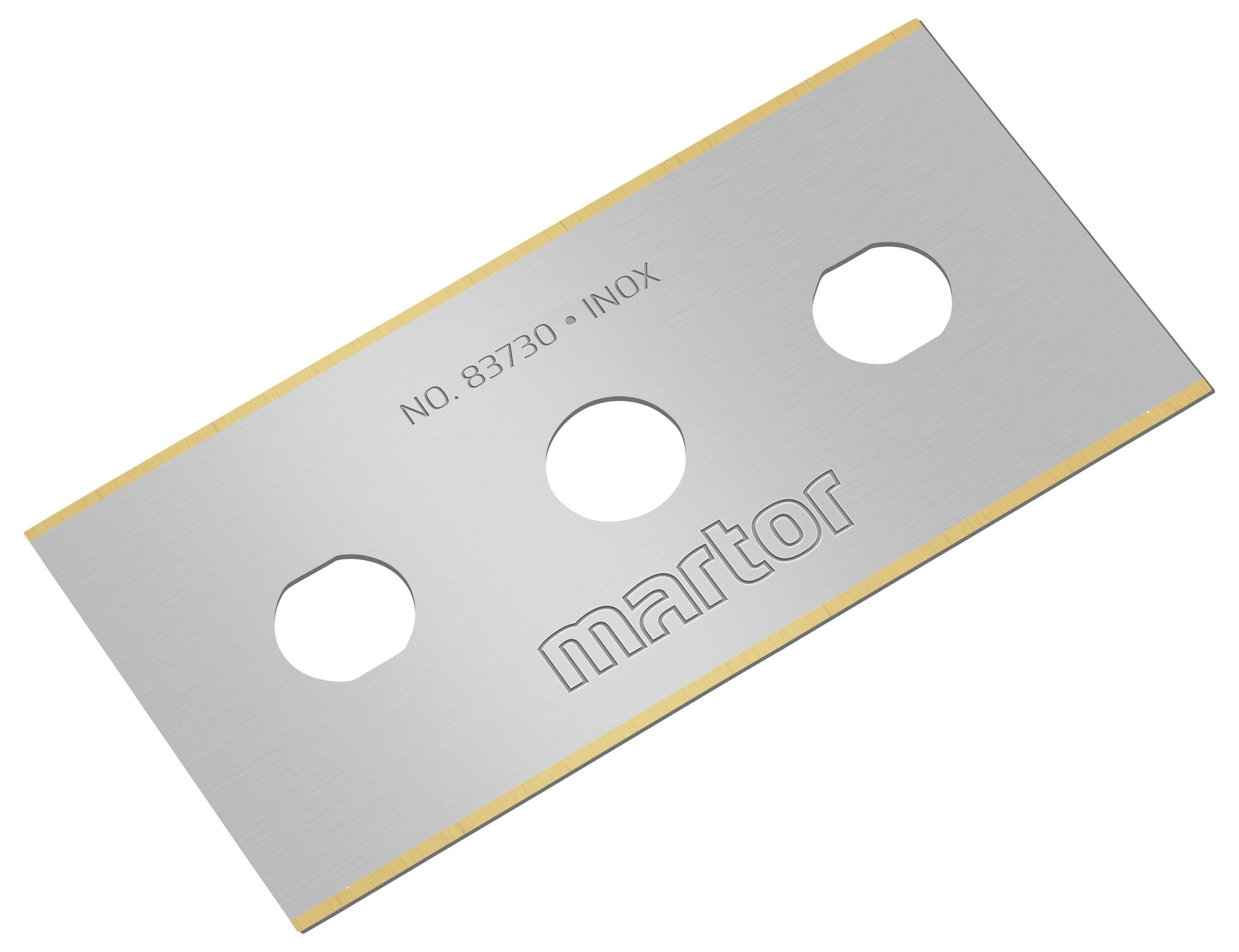 Stalowa żyletka ze stali nierdzewnej z trzema okrągłymi otworami i pomarańczową krawędzią. Tekst na ostrzu: 'NO. 83730 · INOX' oraz 'martor'.