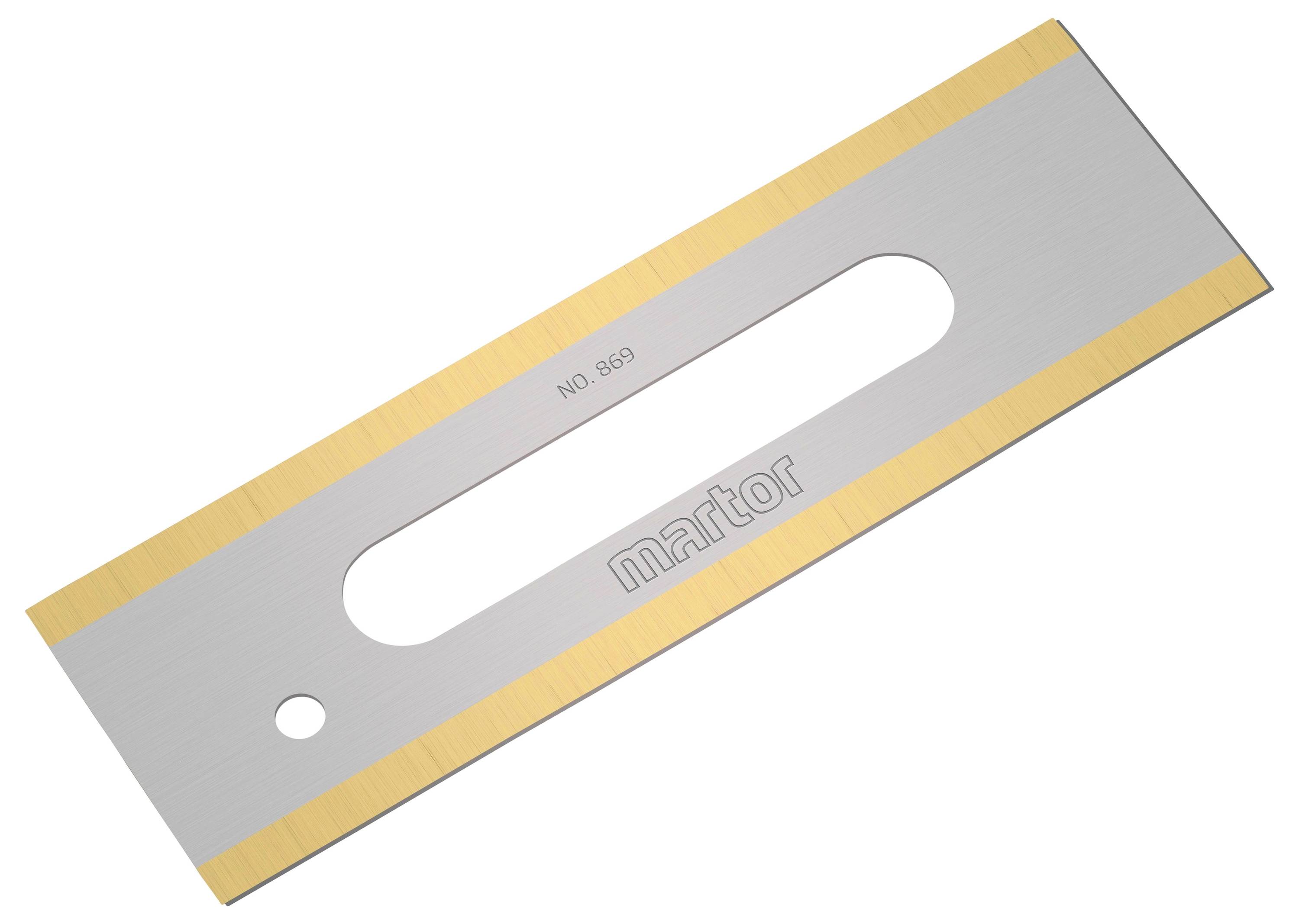 Srebrzyste ostrze noża z żółtawymi krawędziami i owalnym wycięciem pośrodku, z napisem 'martor No.869'.