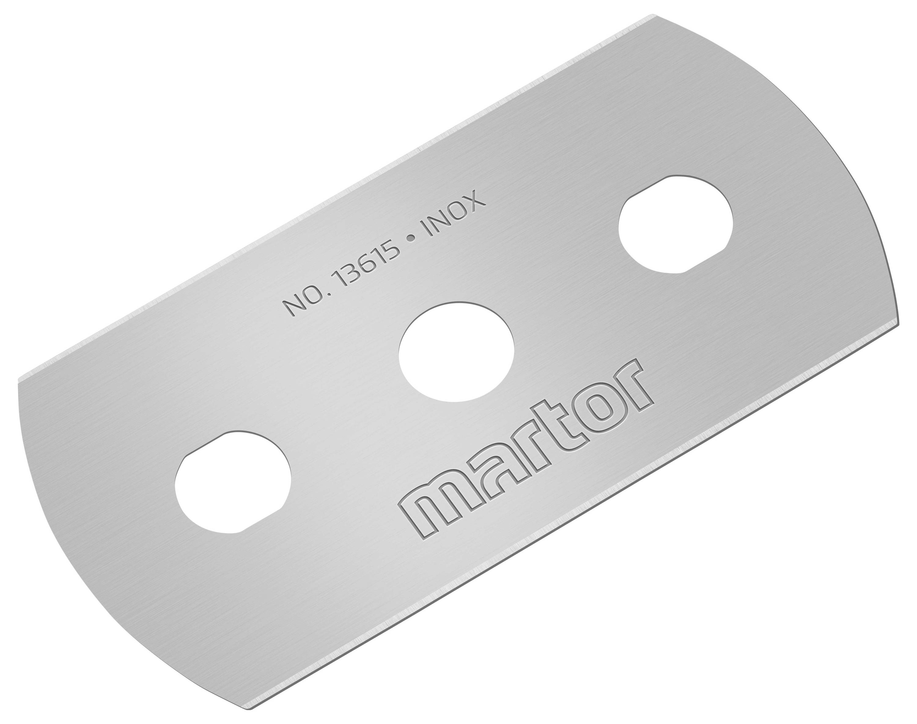 Srebrna uniwersalna stalowa ostrze wymienna z trzema otworami. Na górze widnieje napis 'NO. 13615 - INOX', poniżej słowo 'martor'.
