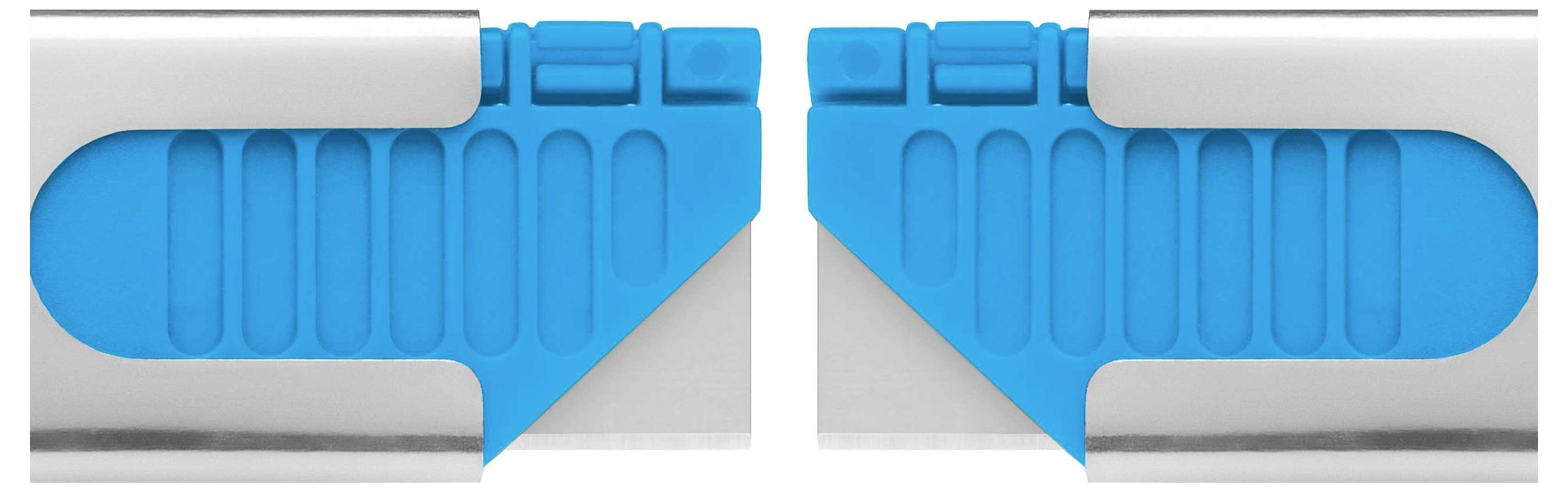 Dwa turkusowe profile metalowe o żebrowanej powierzchni wewnętrznej leżą naprzeciw siebie, w lustrzanym odbiciu.