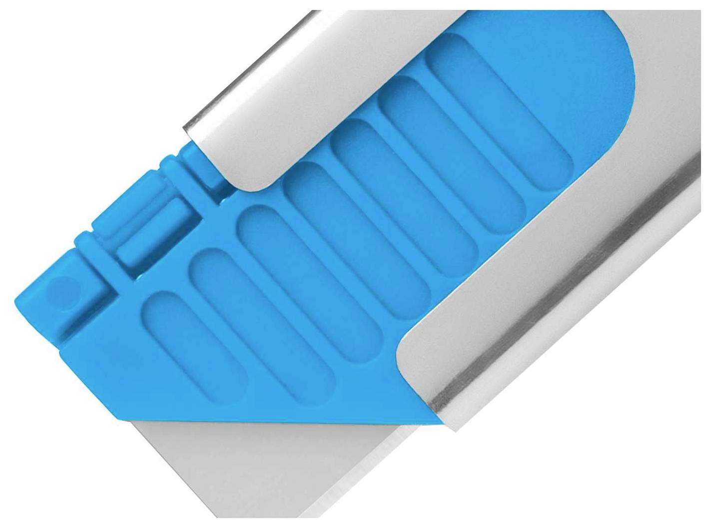 Srebrny i niebieski nóż monterski z wysuniętym ostrzem, widziany z profilu.