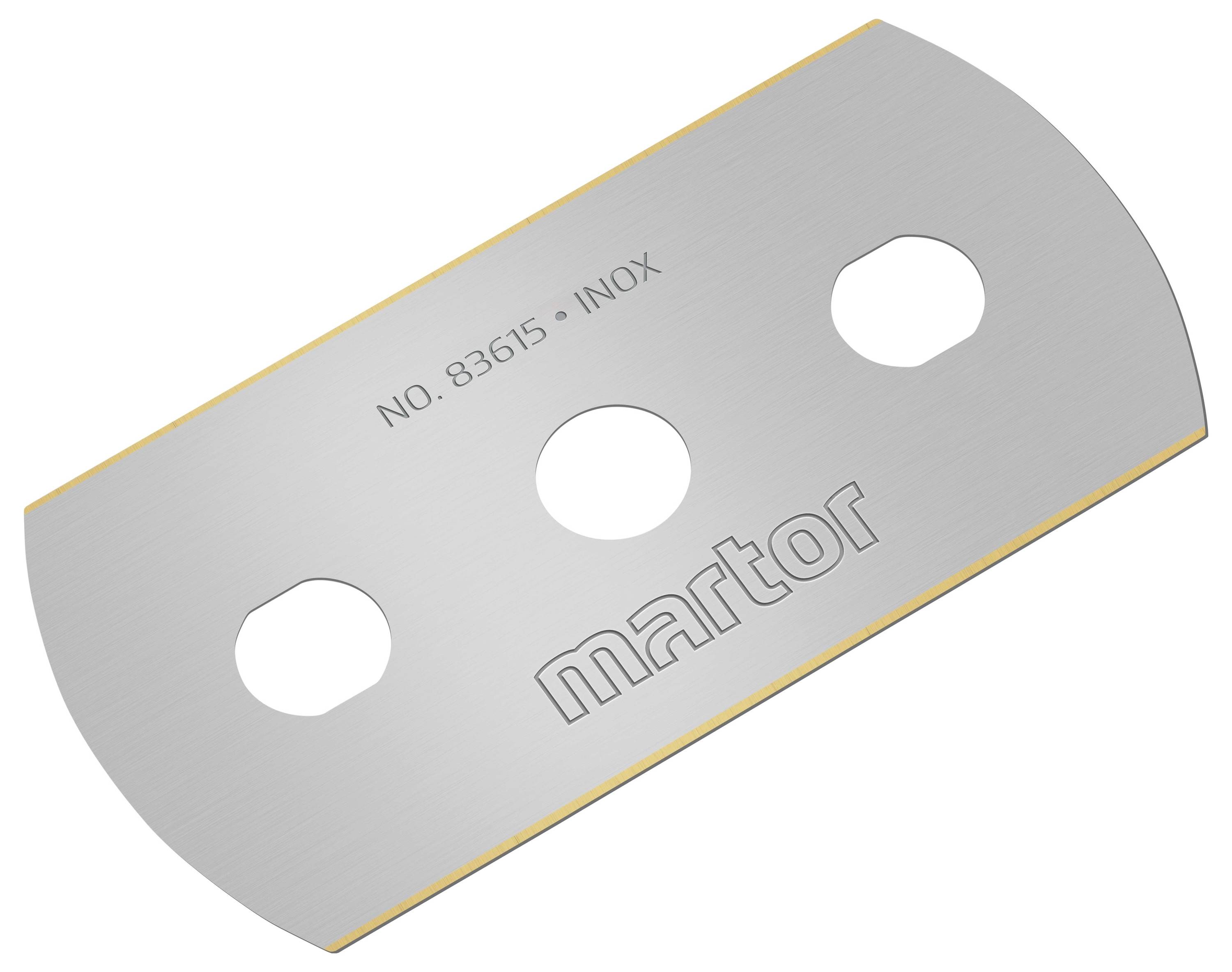 Metalowy nóż z trzema otworami i oznakowaniem 'martor', numer modelu 83615, ze stali nierdzewnej.