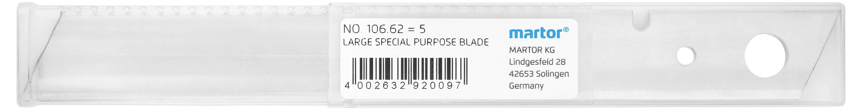 Przezroczyste opakowanie plastikowe produktu z wymiennymi ostrzami Martor z kodem kreskowym i adresem firmy.