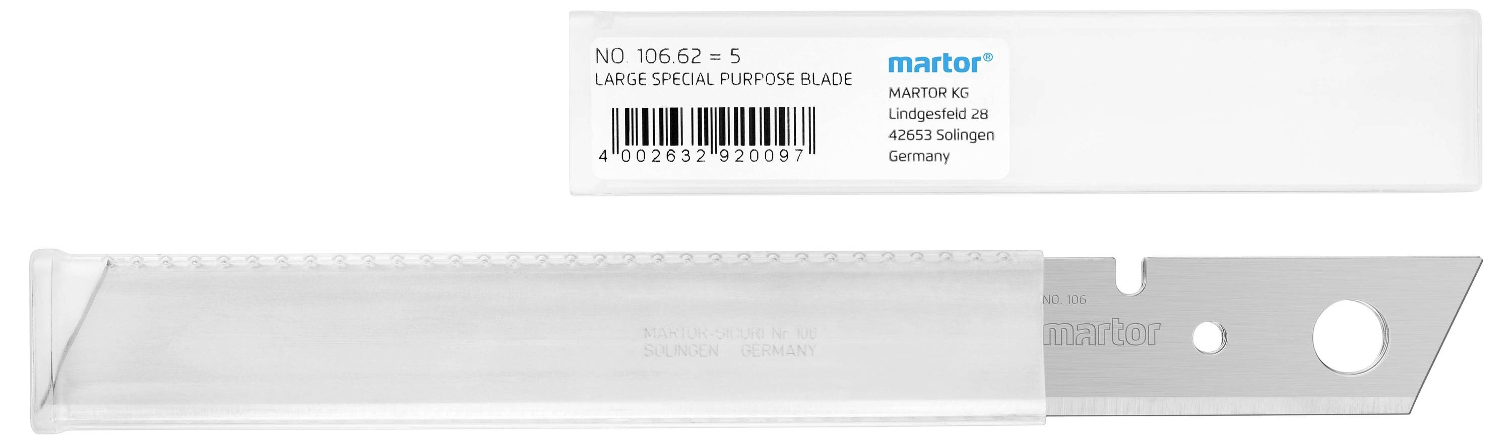 Profesjonalny nóż z ostrzem, zapakowany w białe plastikowe etui, z naniesionymi szczegółami produktu oraz adresem producenta z Niemiec.