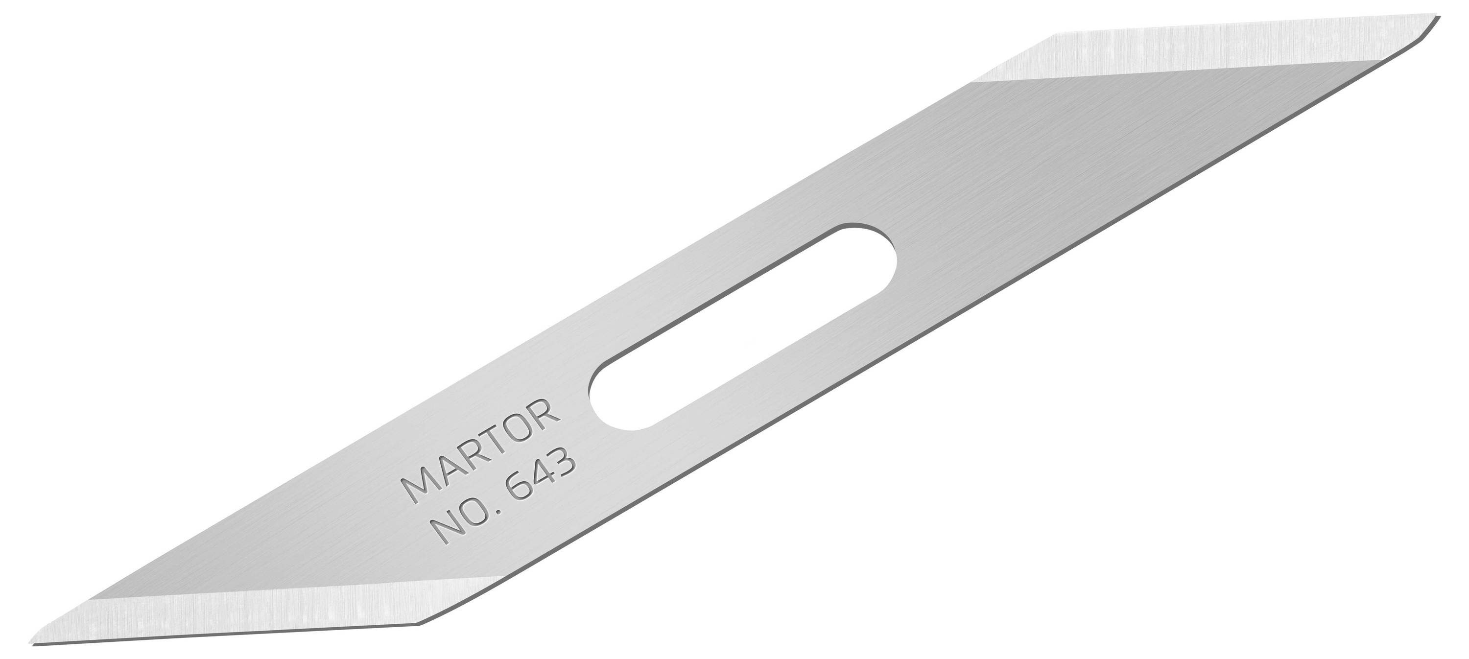 Srebrny nóż wymienny marki MARTOR, model 643. Posiada ostre, skośnie ścięte ostrze oraz owalny wycięcie pośrodku.