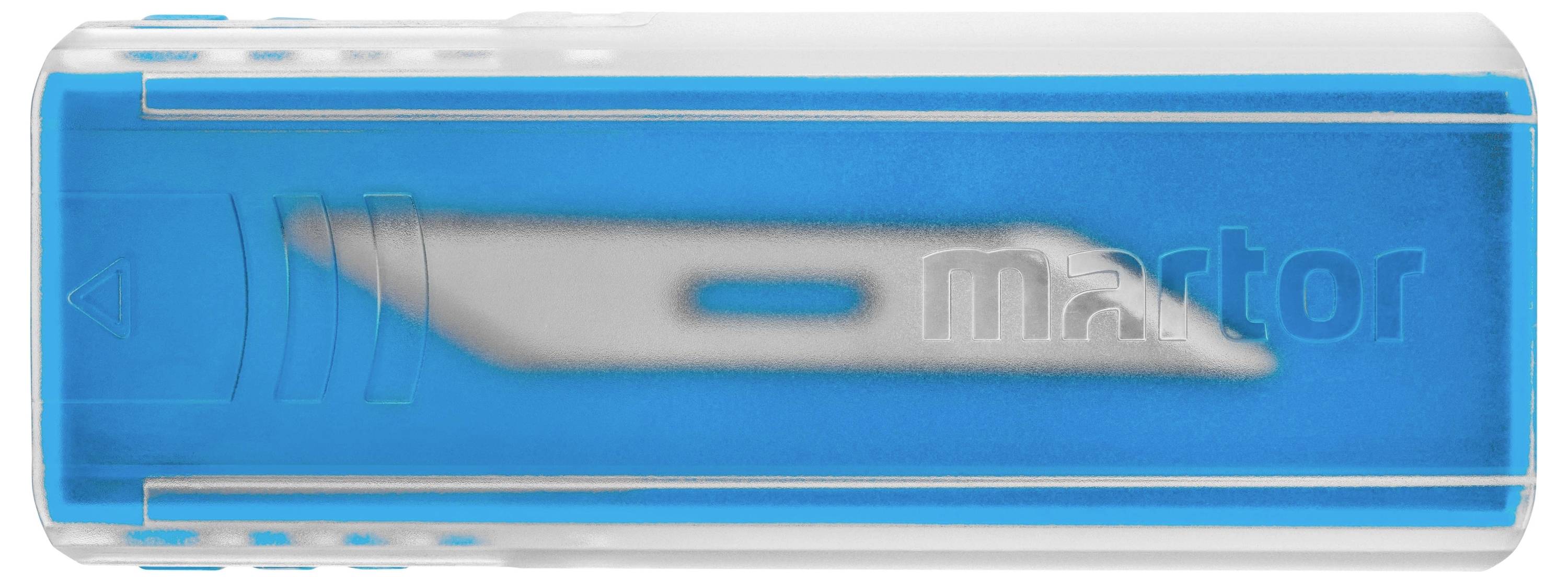 Ostra ostrze wymienne w niebieskim pudełku z tworzywa sztucznego.