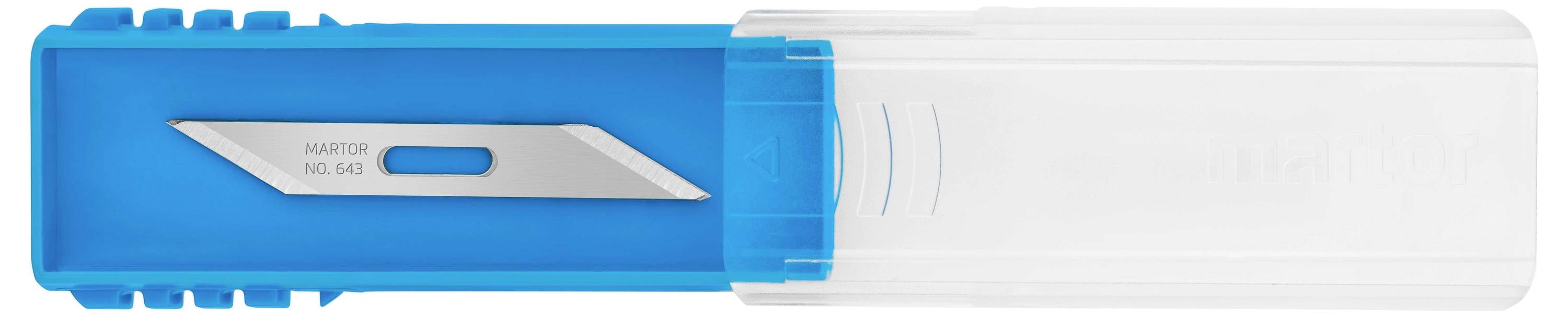 Nóż bezpieczny 'Martor' w niebieskim uchwycie z tworzywa sztucznego, częściowo przezroczystym, z widocznym ostrzem przez transparentne okienko.