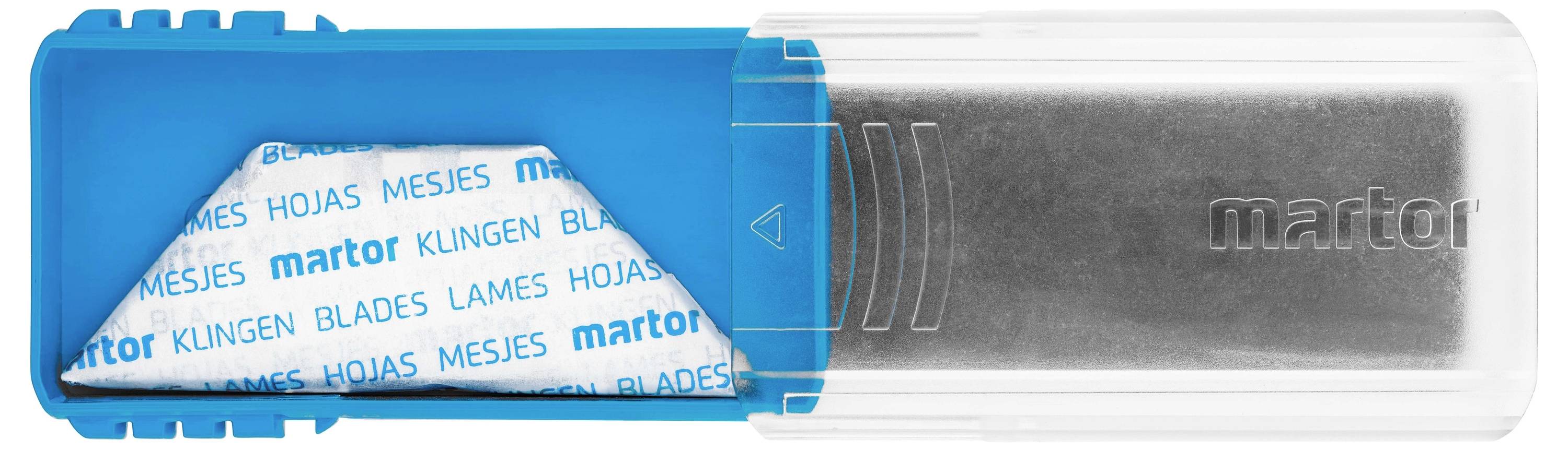 Pojemnik z niebieskimi i przezroczystymi sekcjami zawiera ostrza. Widoczny jest napis 'Klingen, Blades, Lames, Hojas, Mesjes'.