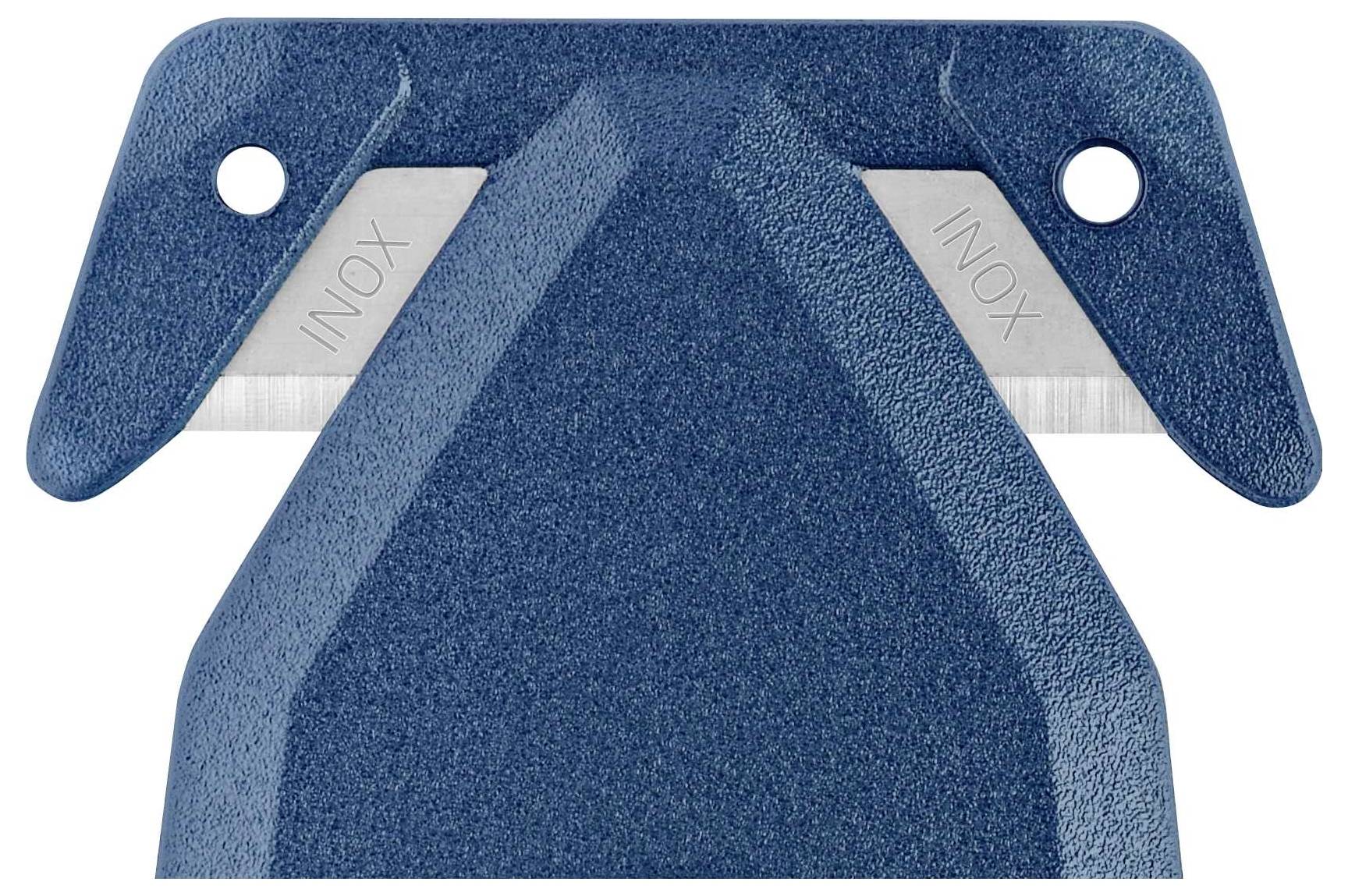 Niebieski plastikowy uchwyt z wmontowanym, dwustronnym ostrzem ze stali nierdzewnej INOX; otwory na obu końcach do mocowania.