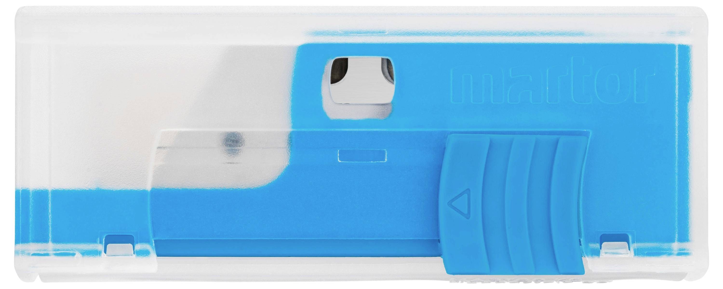 Niebieski temperówka z przezroczystą obudową, jednym ostrzem i mechanizmem przesuwnym do otwierania i zamykania.