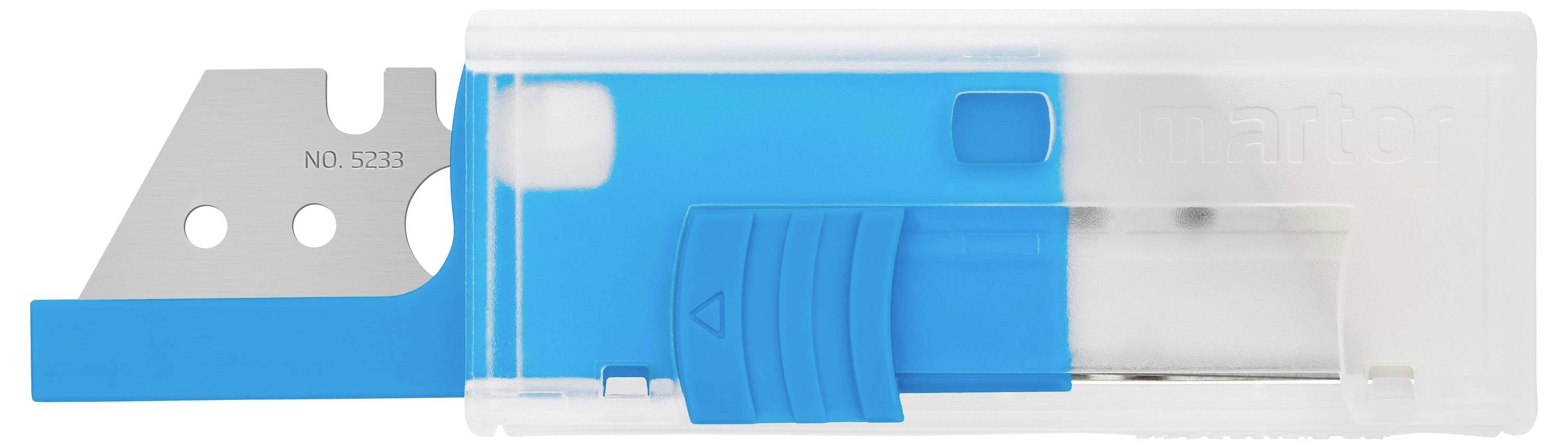 Niebieski i przezroczysty uchwyt z plastiku z wysuwanym srebrnym ostrzem.