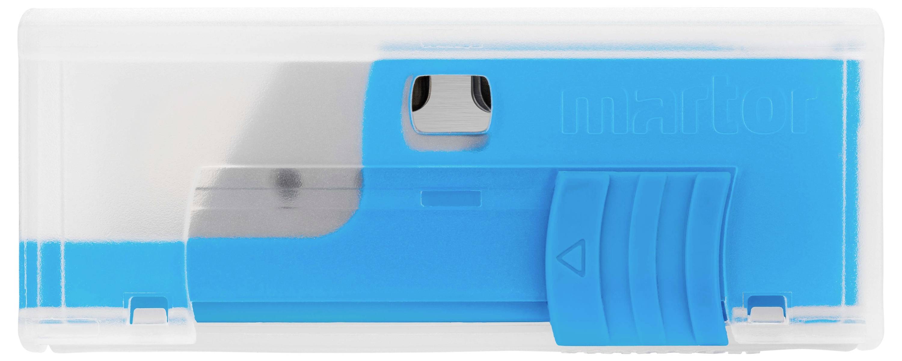 Niebieska temperówka z przezroczystą obudową z tworzywa sztucznego, prezentująca mechanizm ostrzenia.