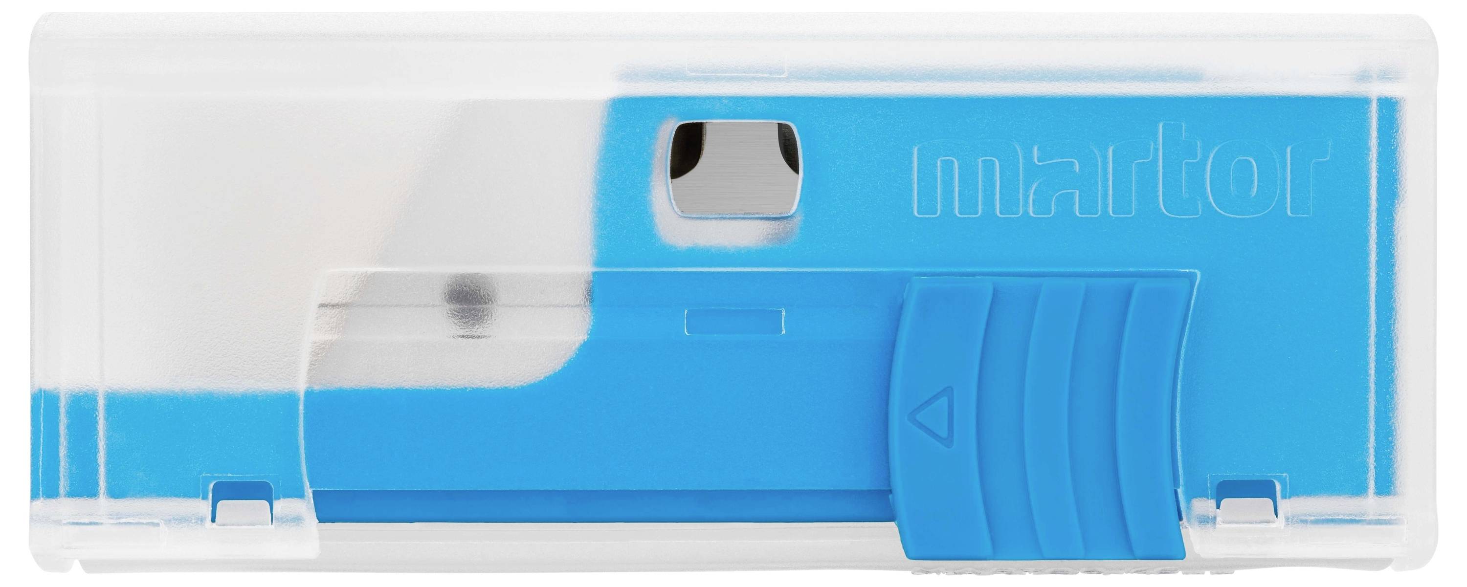 Niebieski i biały pojemnik na ostrza z mechanizmem przesuwnym. Służy do przechowywania i ochrony ostrzy.