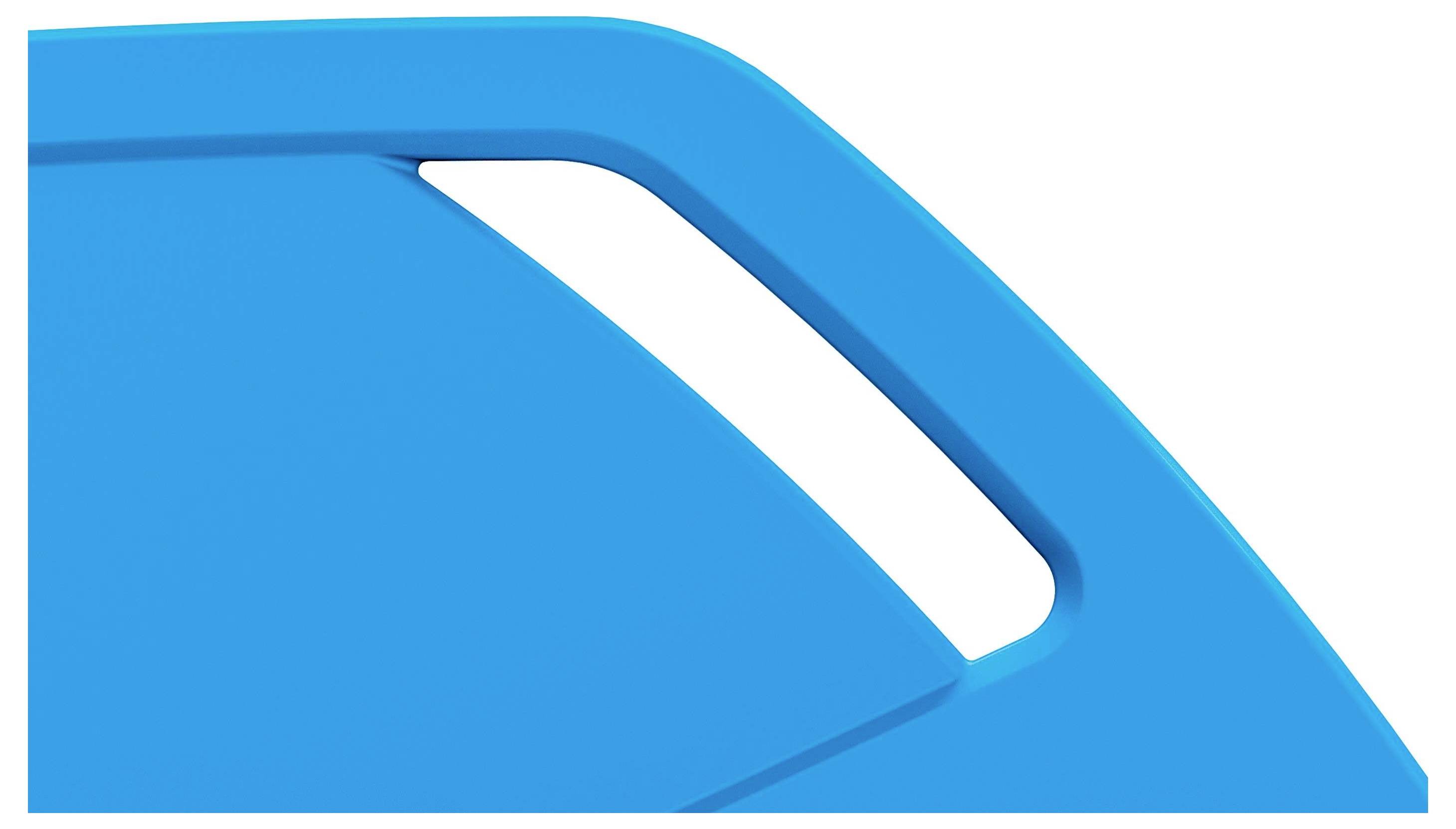 Niebieska abstrakcyjna forma o ostrych krawędziach z wycięciem przepuszczającym światło. Nowoczesny, minimalistyczny design.