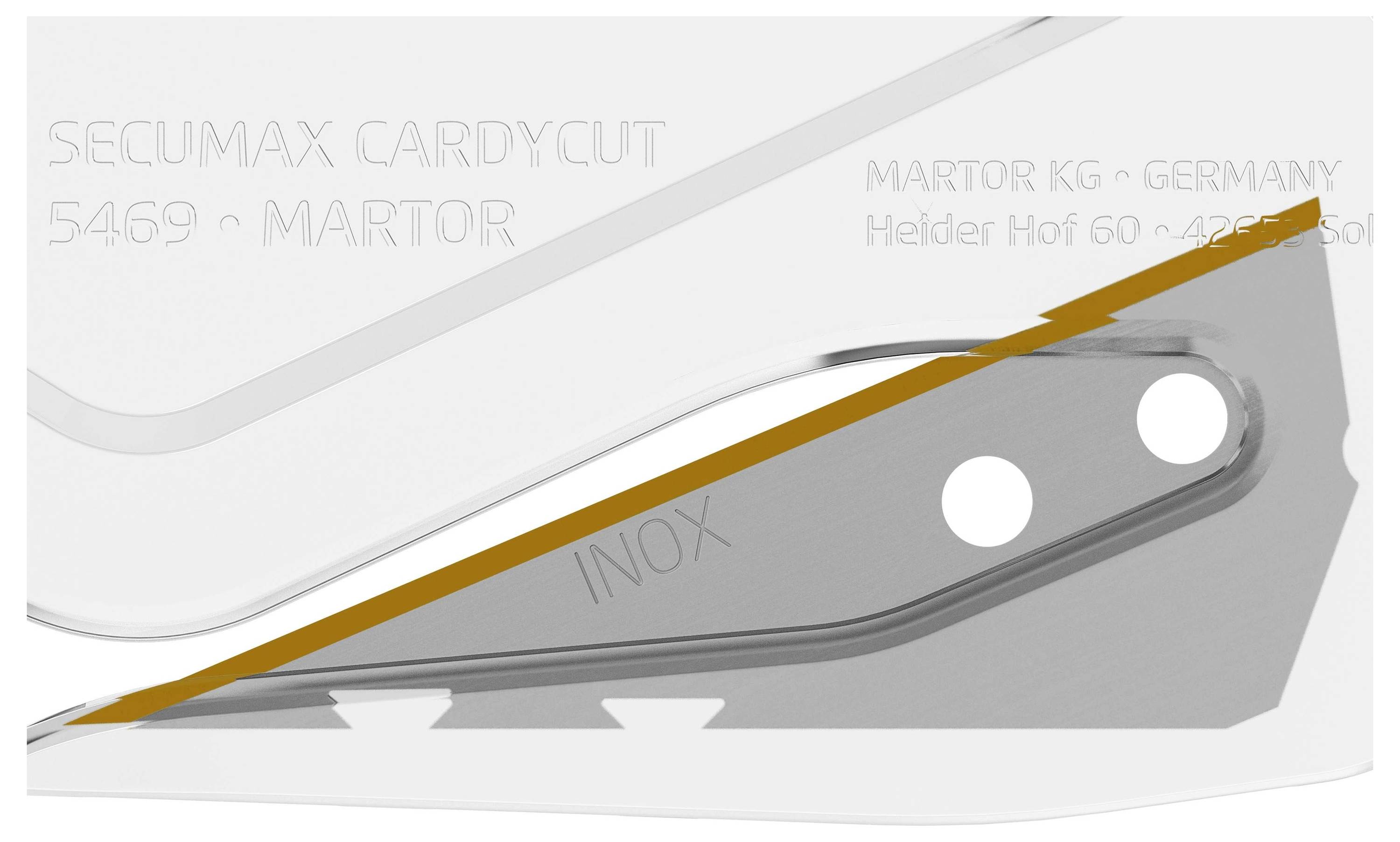 'SECUMAX CARDYCUT 5469' oraz 'INOX' na srebrnym fragmencie ostrza. Tekst w tle: Informacje producenta z Niemiec.