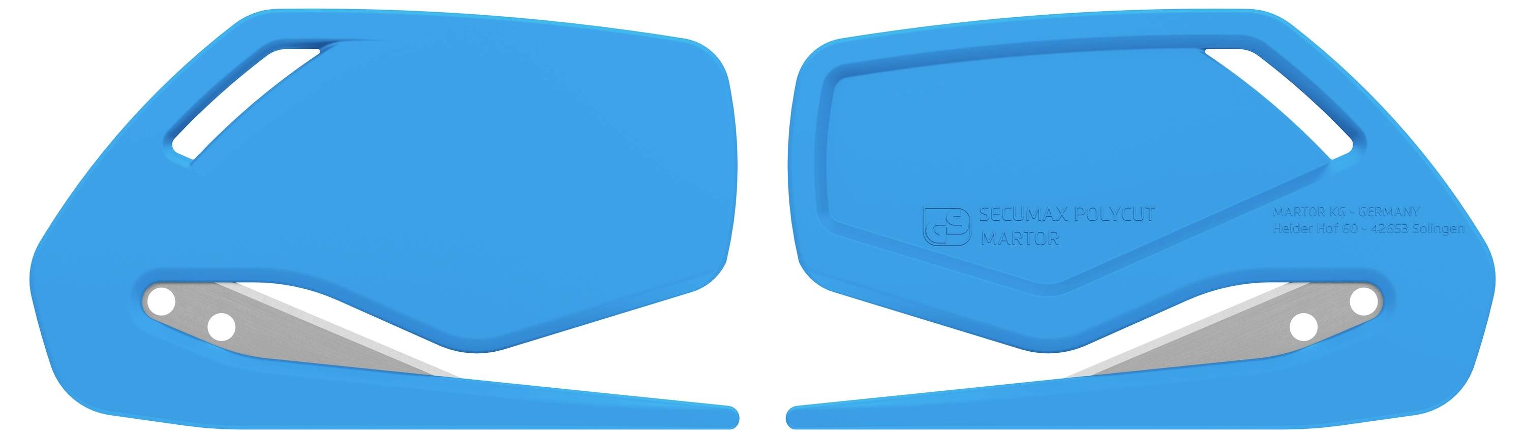 Niebieski plastikowy nóż do listów z wbudowanym ostrzem, zamknięty po lewej stronie, otwarty po prawej stronie.