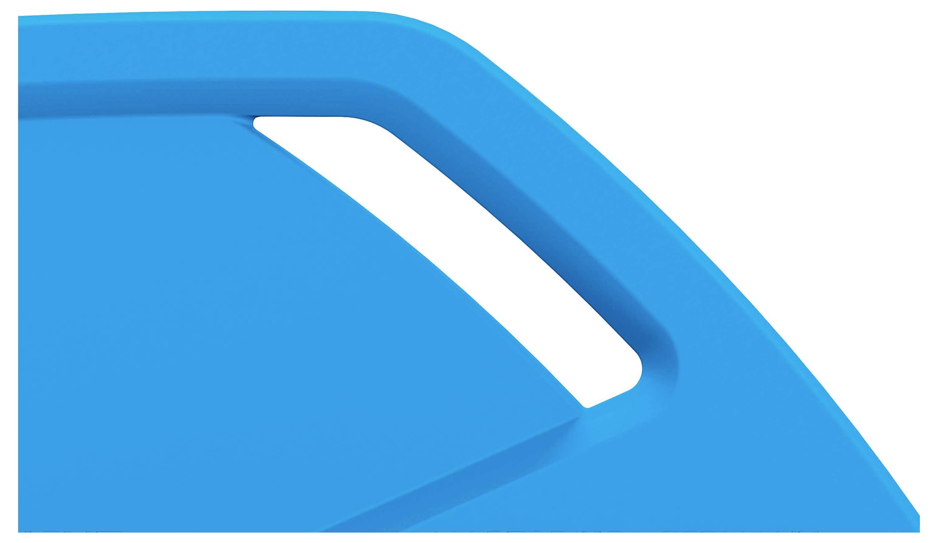 Niebieska, zakrzywiona część plastikowa z prostokątnym wcięciem w lewym górnym rogu, prawdopodobnie element mebla lub urządzenia.