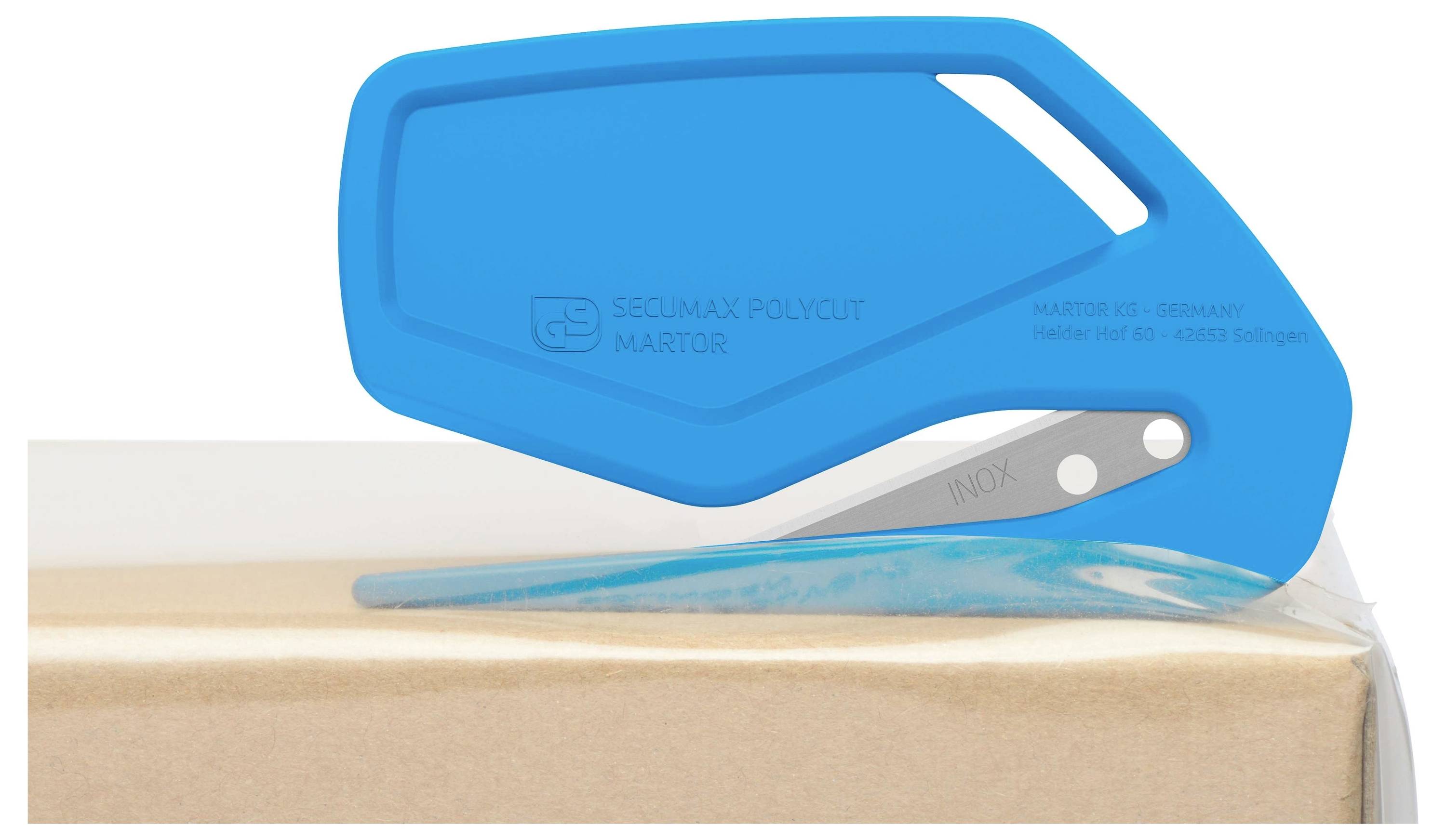 Mały, niebieski bezpieczny nóż do cięcia z osłoną ostrza, przeznaczony do przecinania folii plastikowej z kartonu. Model: Secumax Polycut.