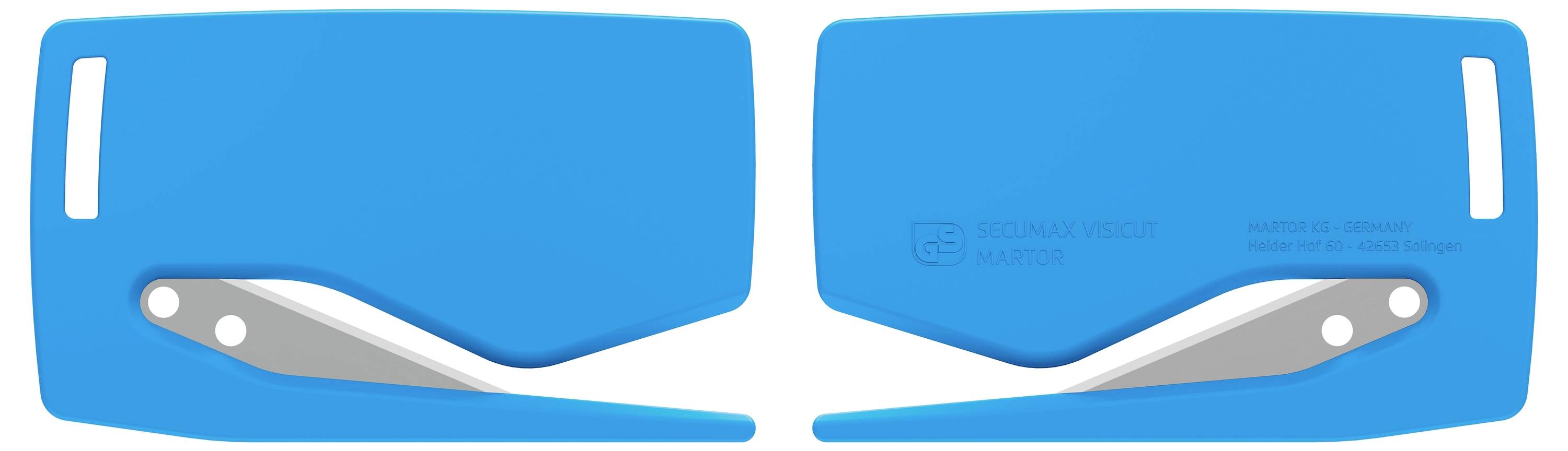 Niebieski nóż introligatorski w pozycji otwartej z srebrnym ostrzem.