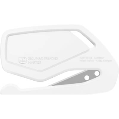 Biały nóż bezpieczeństwa, Secumax Trennex firmy Martor, z nadrukiem zawierającym informacje o producencie, ergonomiczny kształt, widoczne dwie ostrza.