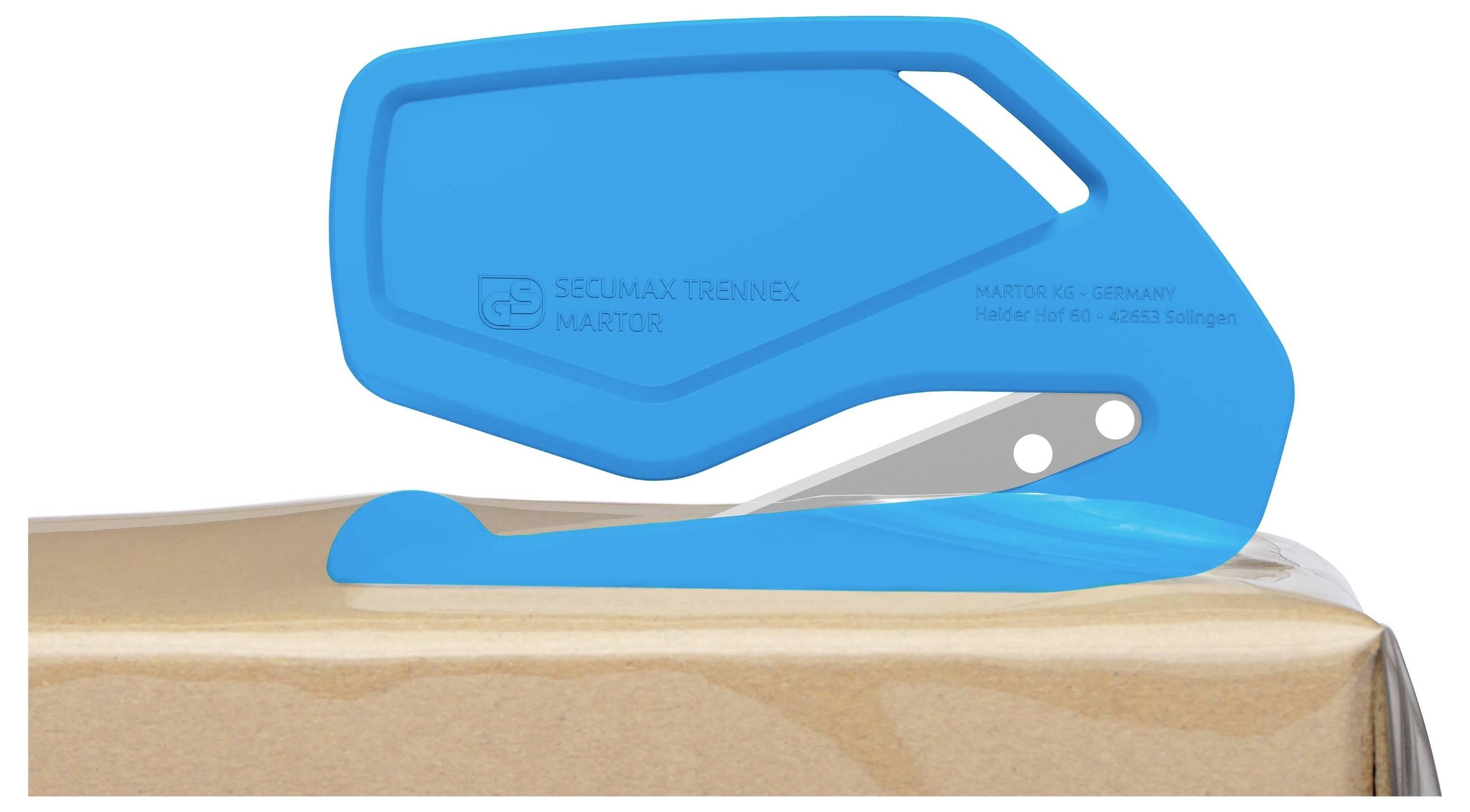 Niebieski nóż bezpieczeństwa przecina karton. Ergonomiczny design z zabezpieczanym składanym ostrzem do otwierania paczek.