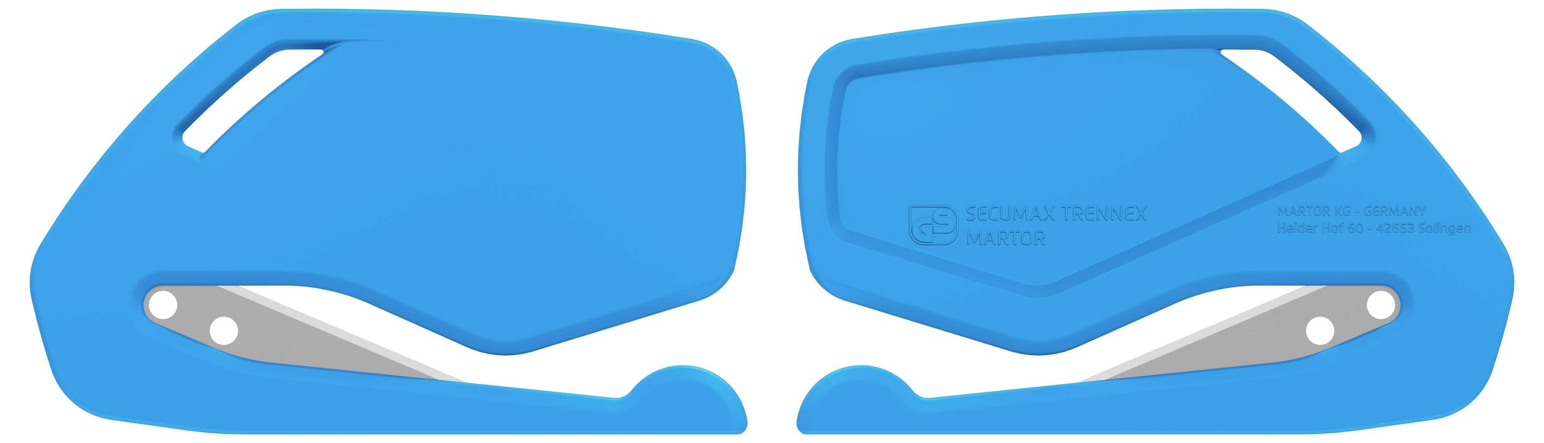 Dwa niebieskie plastikowe zamknięcia z zintegrowanymi ostrzami, przedstawione obok siebie. Są ergonomicznie ukształtowane i przeznaczone do cięcia.
