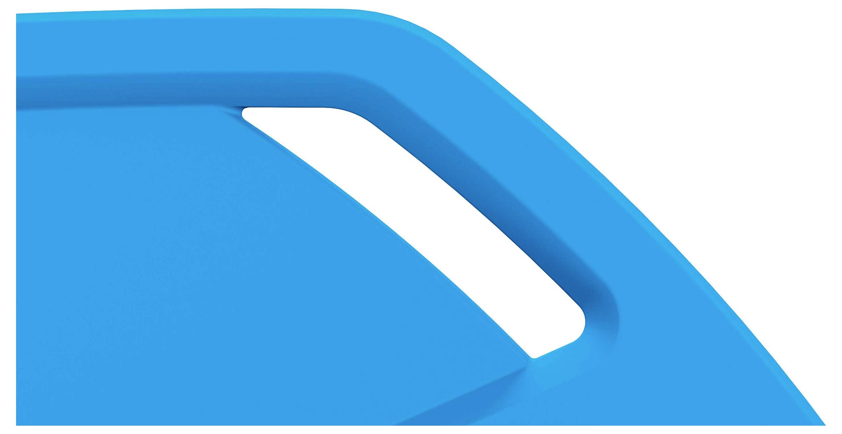 Abstrakcyjny obraz przedstawia niebieską formę geometryczną z owalnym otworem na białym tle.