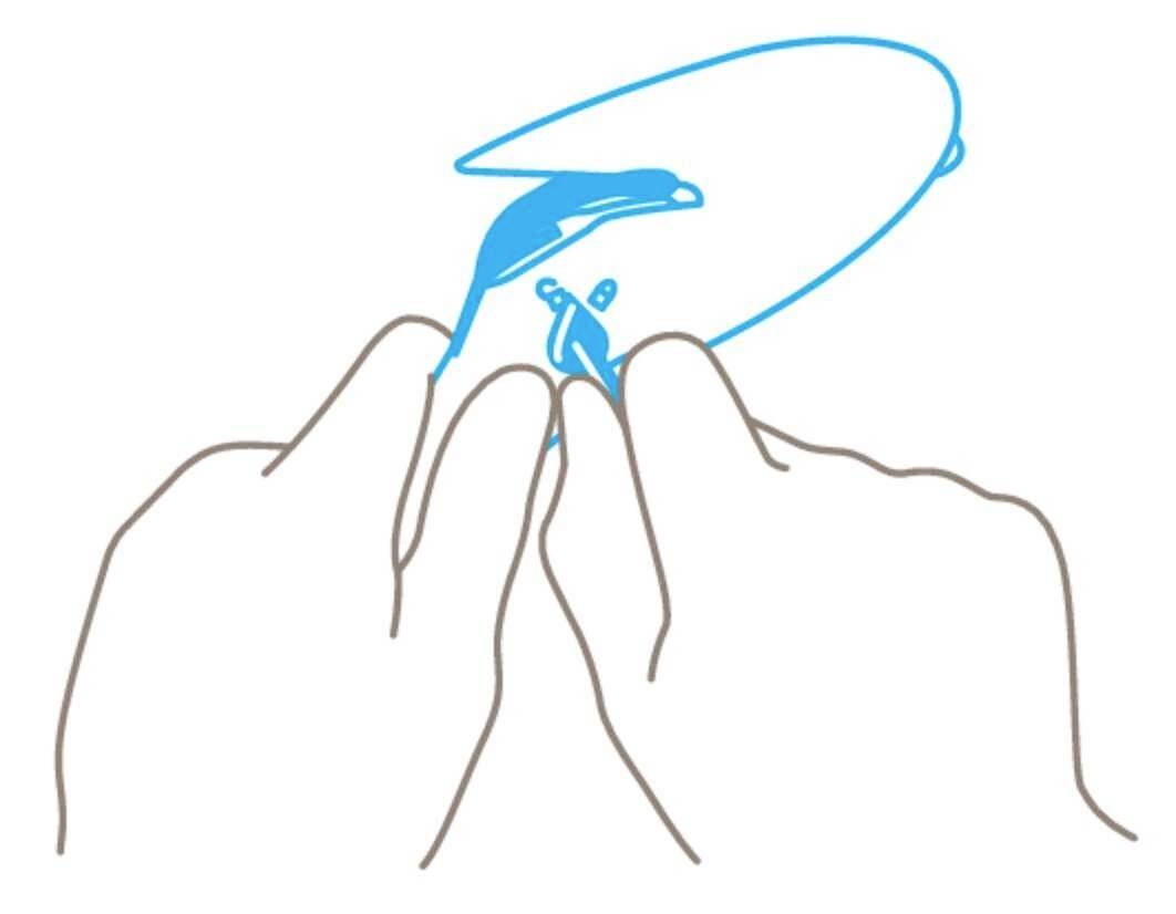 Dwie ręce trzymają soczewkę kontaktową. Niebieski rysunek przedstawia skaczącego delfina, ilustrujący prawidłowe ułożenie soczewki.