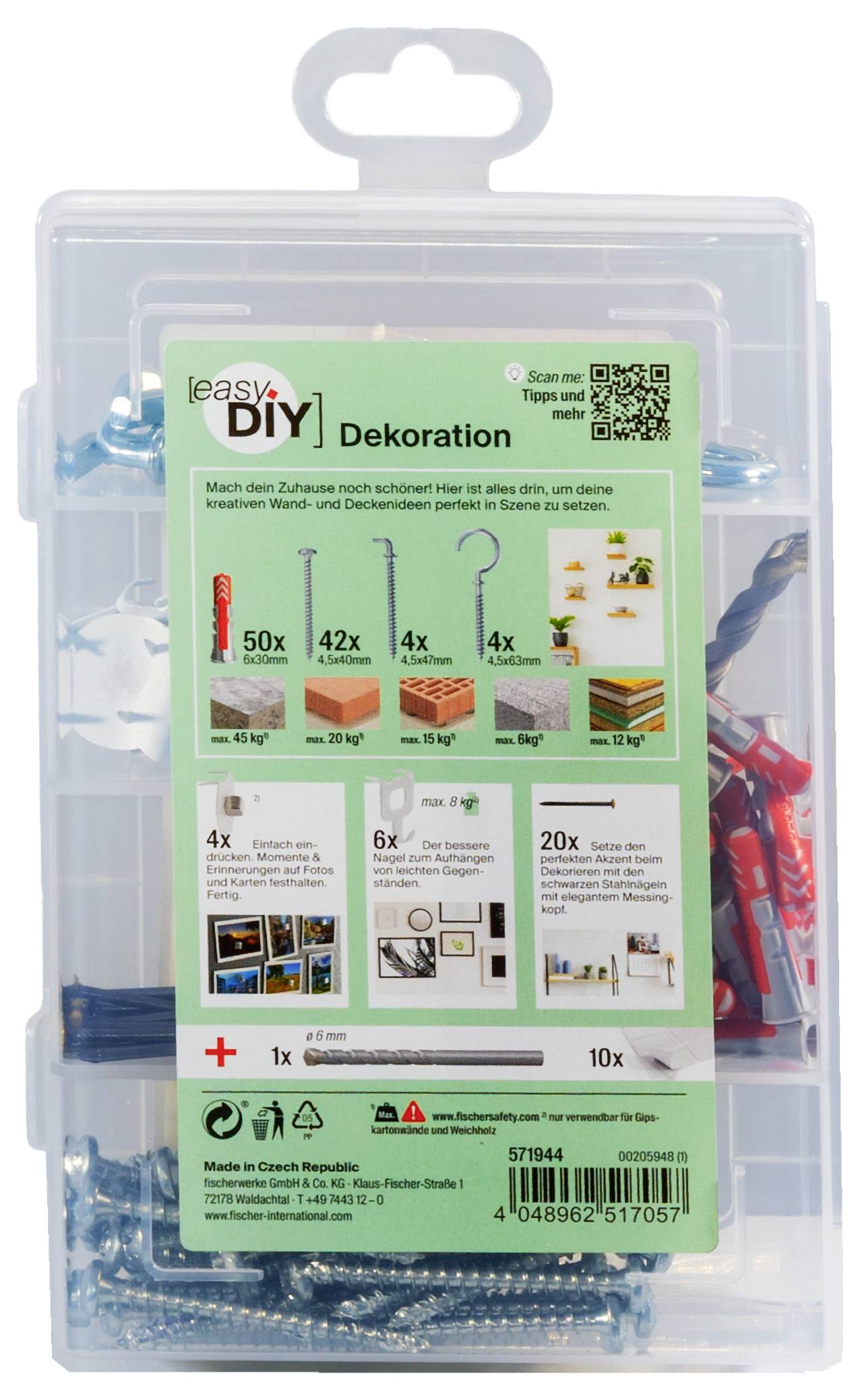 Opakowanie z zestawem 'Easy DIY Dekoracja'. Zawiera haczyki, śruby i farby do dekoracji ściennej. Dołączone instrukcje i klipsy.