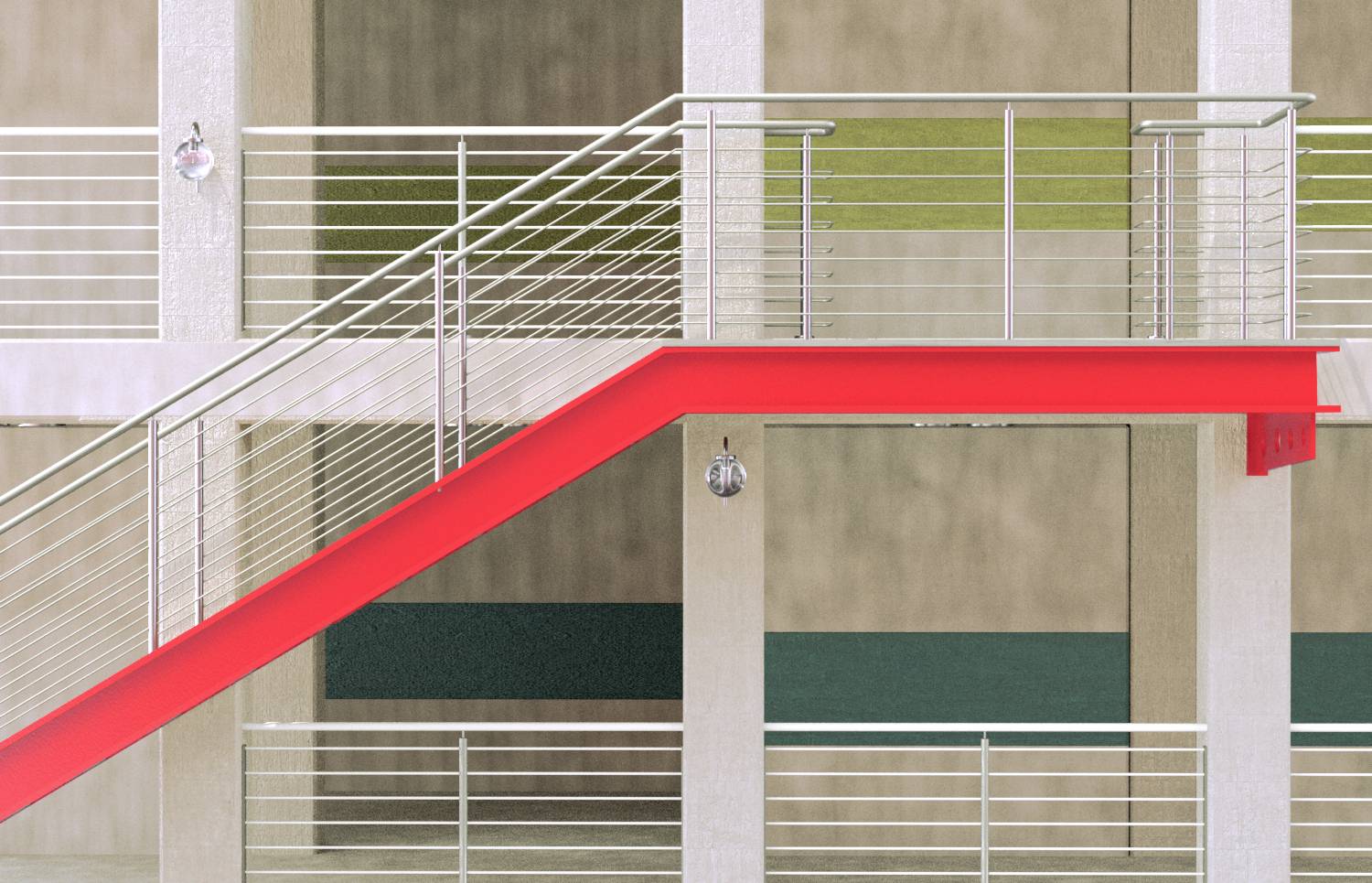 Czerwone schody w nowoczesnym budynku, otoczone metalowymi balustradami. Tło z neutralnymi i zielonymi akcentami.