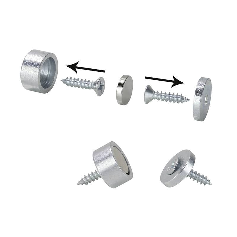 Zestaw magnetyczny ze śrubami, przedstawiający obudowę magnetyczną, okrągłą płytkę magnetyczną oraz dwie śruby. Strzałki wskazują instrukcję montażu.