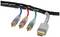 Kabel HDMI oraz trzy wtyki RCA (niebieski, czerwony, zielony) do przesyłania sygnałów audio i wideo.