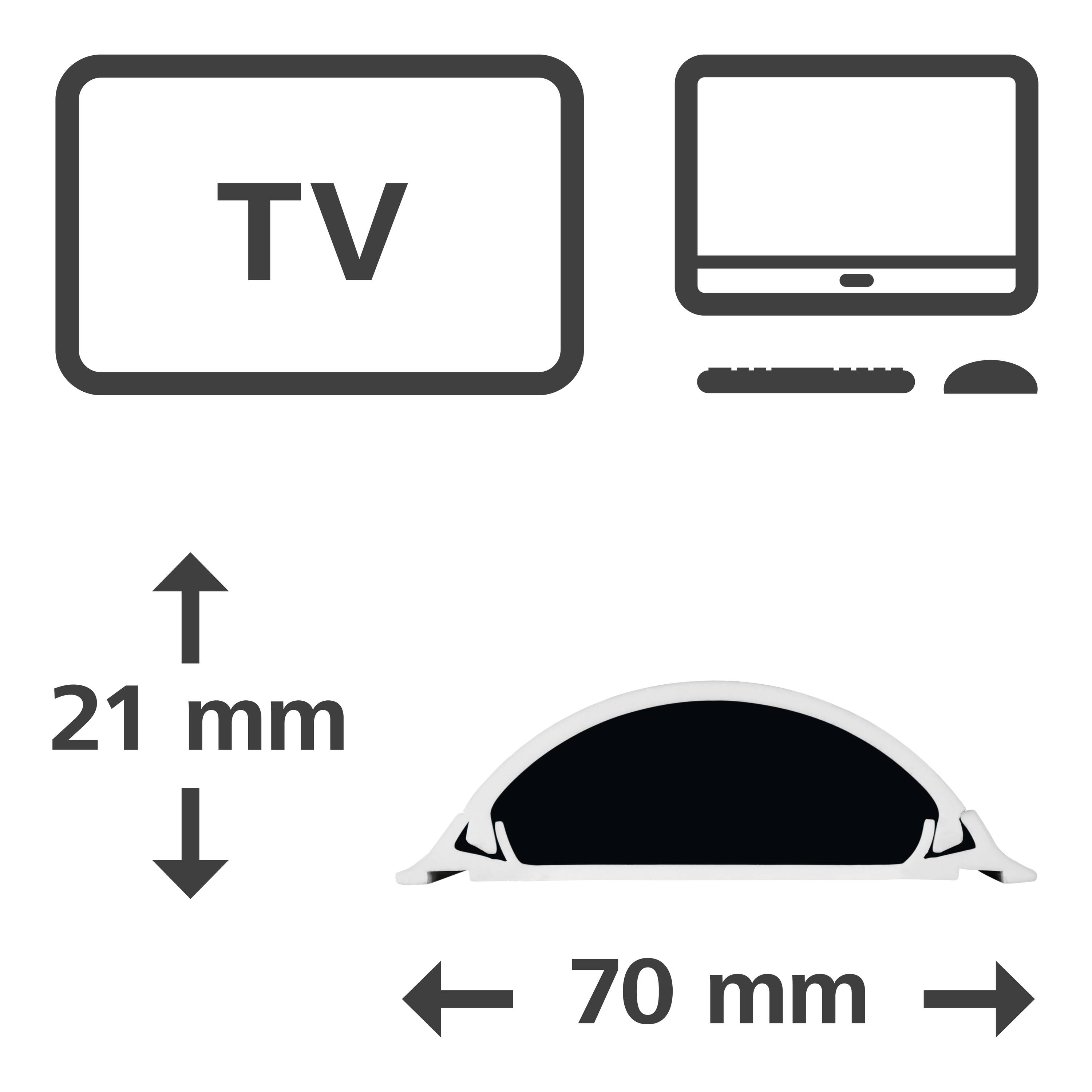 Wzmacniacz anteny telewizyjnej, wymiary: wysokość 21 mm, szerokość 70 mm. Na górze: symbol TV i urządzenie wzmacniające; na dole: przekrój półkolisty.