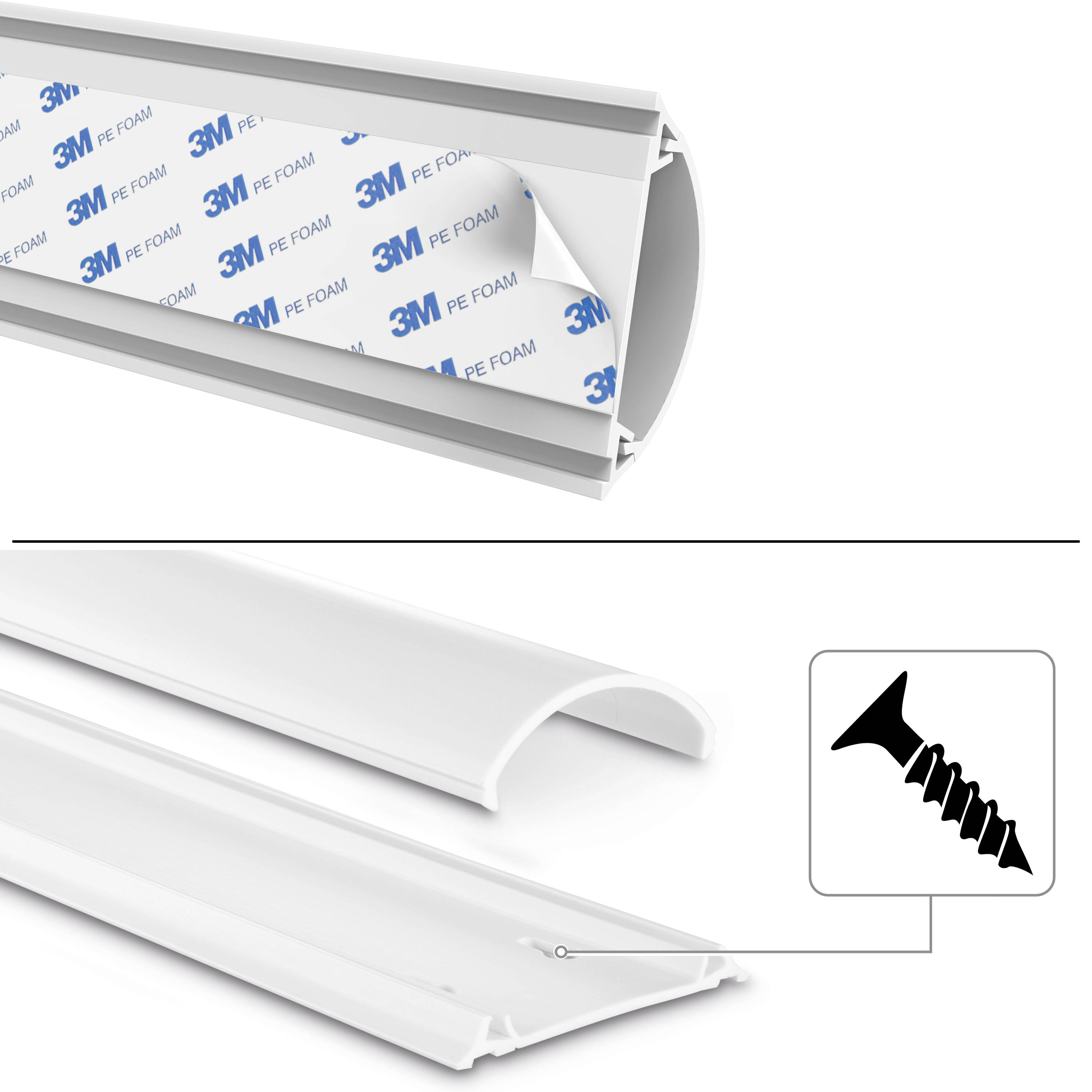 Listwa aluminiowa z samoprzylepnym tyłem oraz szczegółowy widok śruby, prezentujące łatwą metodę montażu.