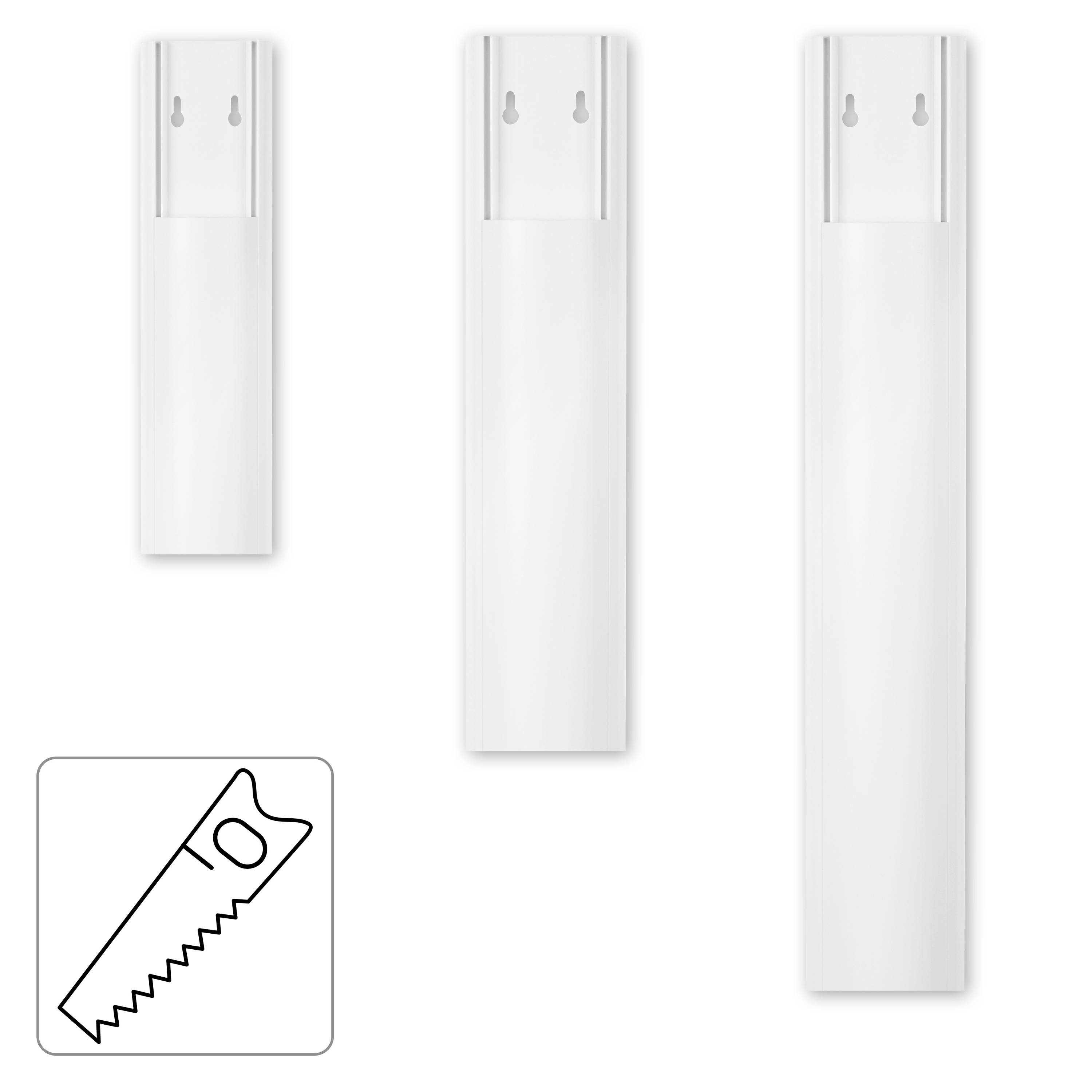 Trzy białe profile aluminiowe o różnych długościach, z symbolem piły w lewym dolnym rogu.