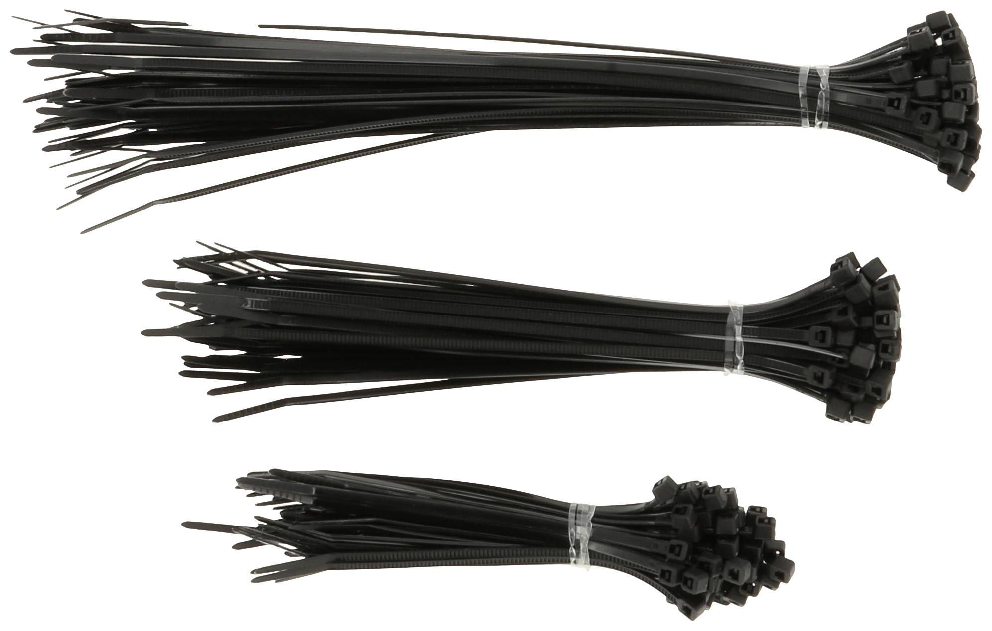 Trzy wiązki czarnych opasek zaciskowych o różnych długościach na białym tle.