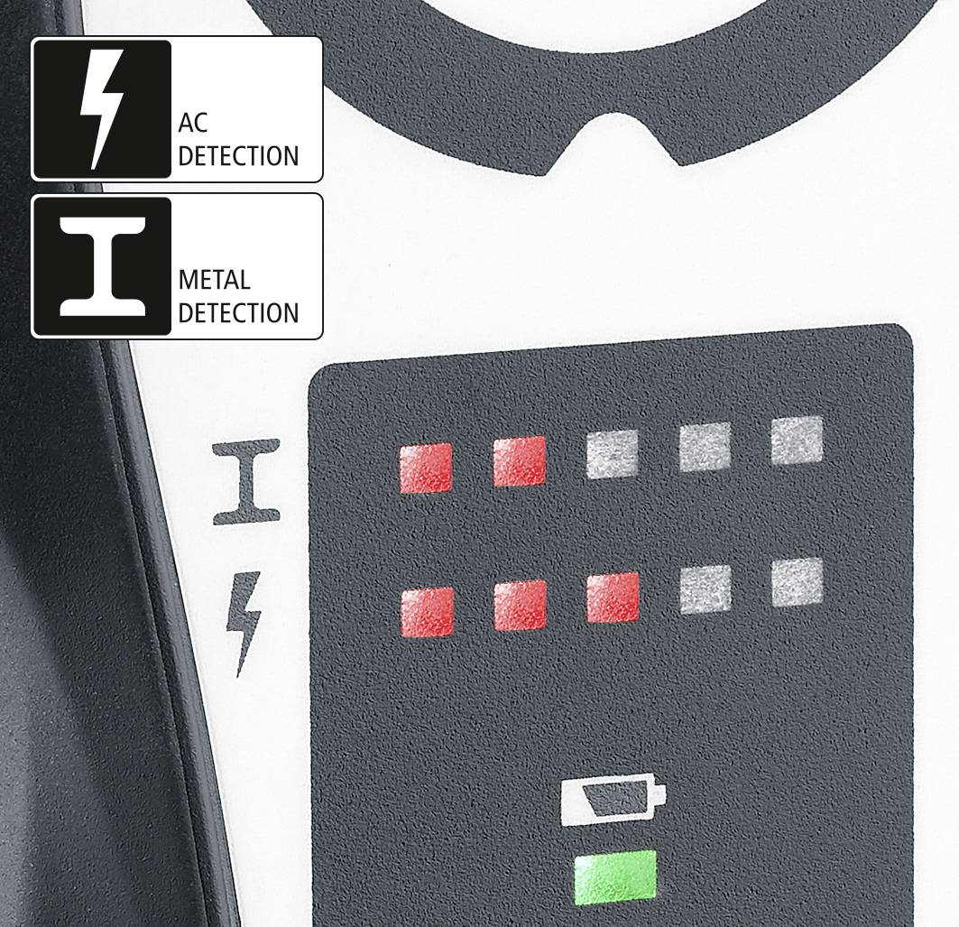 Urządzenie wyświetla symbole wykrywania prądu zmiennego, metalu oraz stanu baterii. Czerwone i szare światła sygnalizują wykrycie.