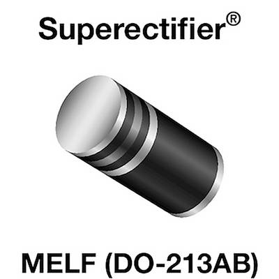 Dioda superprostu MELF (DO-213AB), element w kształcie cylindra z końcówkami w kolorze srebrnym i czarnymi paskami.