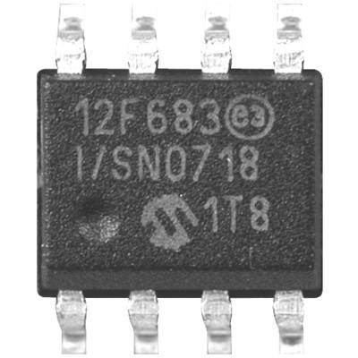 Mikroukład z napisem '12F683', pokazujący kilka styków do podłączenia; często stosowany w obwodach elektronicznych.