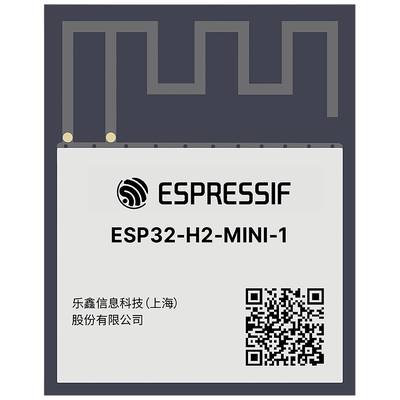 Moduł 'ESP32-H2-MINI-1' firmy Espressif; kwadratowy design z anteną u góry. Zawiera kod QR i nazwę firmy na przedniej stronie.