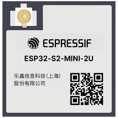 Moduł mikrokontrolera ESP32-S2-MINI-2U firmy Espressif z kodem QR w dolnym prawym rogu.