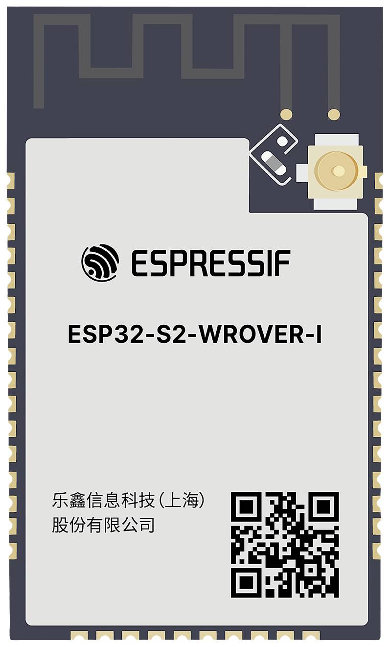 Chip ESP32-S2-WROVER-I firmy Espressif, z kodem QR i napisem w języku chińskim. Posiada piny przyłączeniowe i antenę w prawym górnym rogu.