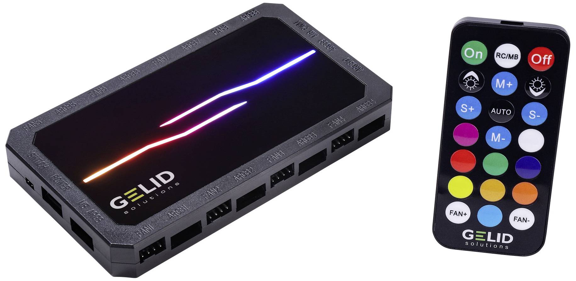 Kontroler RGB firmy Gelid z pilotem zdalnego sterowania. Kontroler posiada kilka złączy dla komponentów RGB.