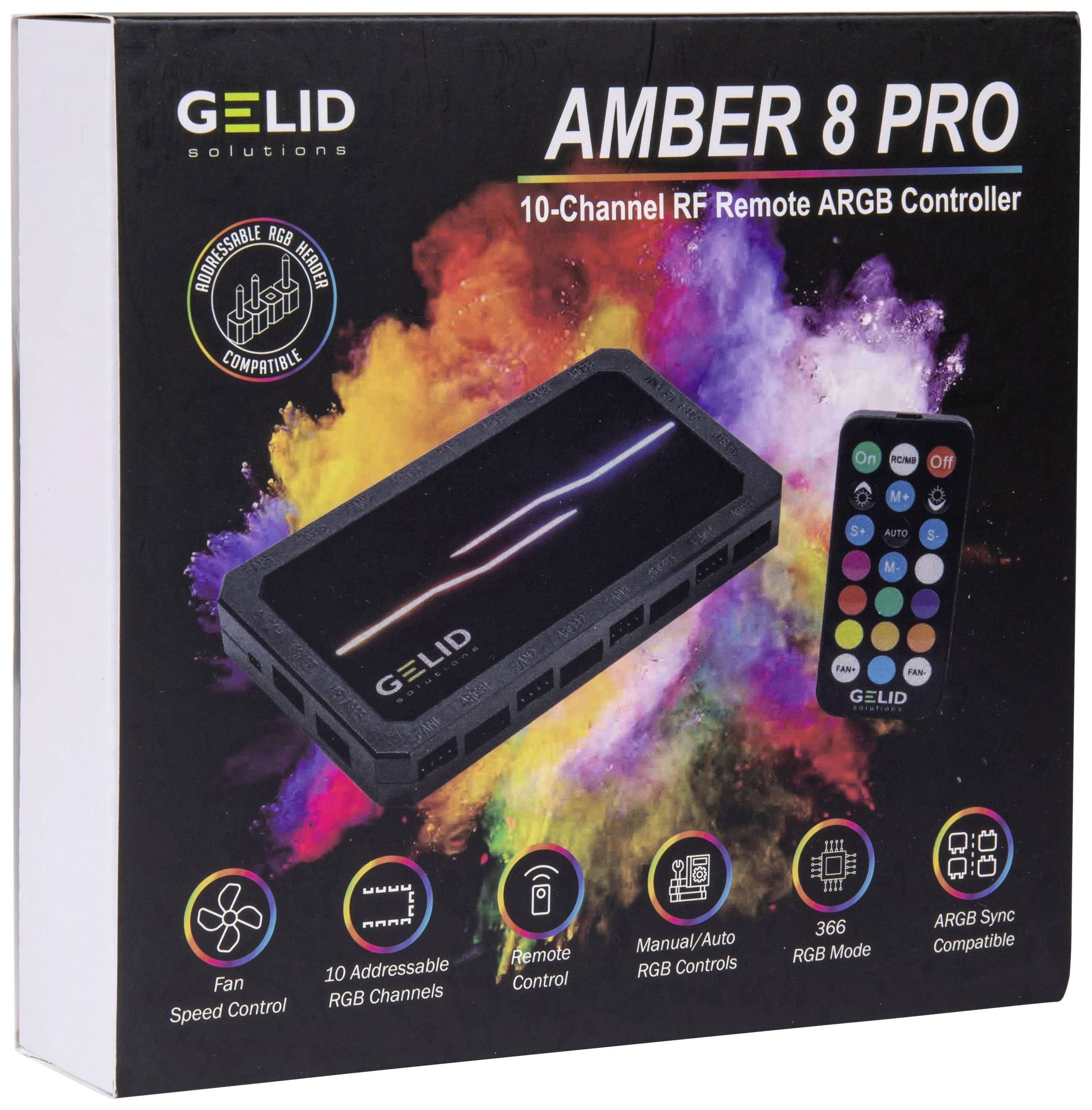 Pudełko kontrolera ARGB Gelid Amber 8 Pro z pilotem. Funkcje: 10 kanałów, sterowanie manualne/automatyczne, 366 trybów RGB.